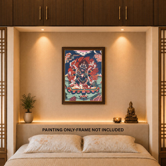 Original Hand-Painted Six-Armed Mahakala Thangka Painting | Large Smoky Tibetan Guardian Deity Art