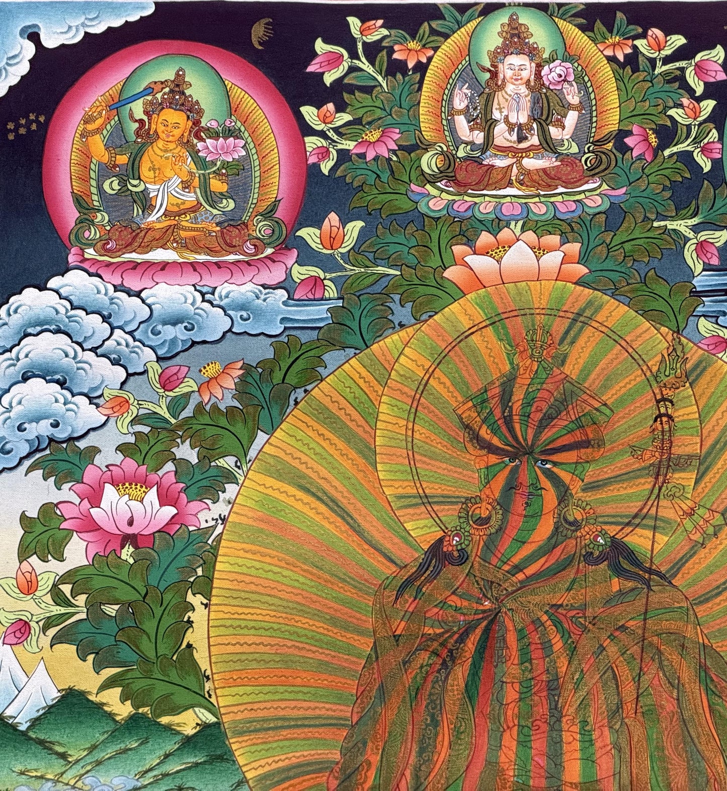 Guru Rinpoche Rainbow Body Thangka | Hand-Painted Padmasambhava Tibetan Art with Silk Brocade
