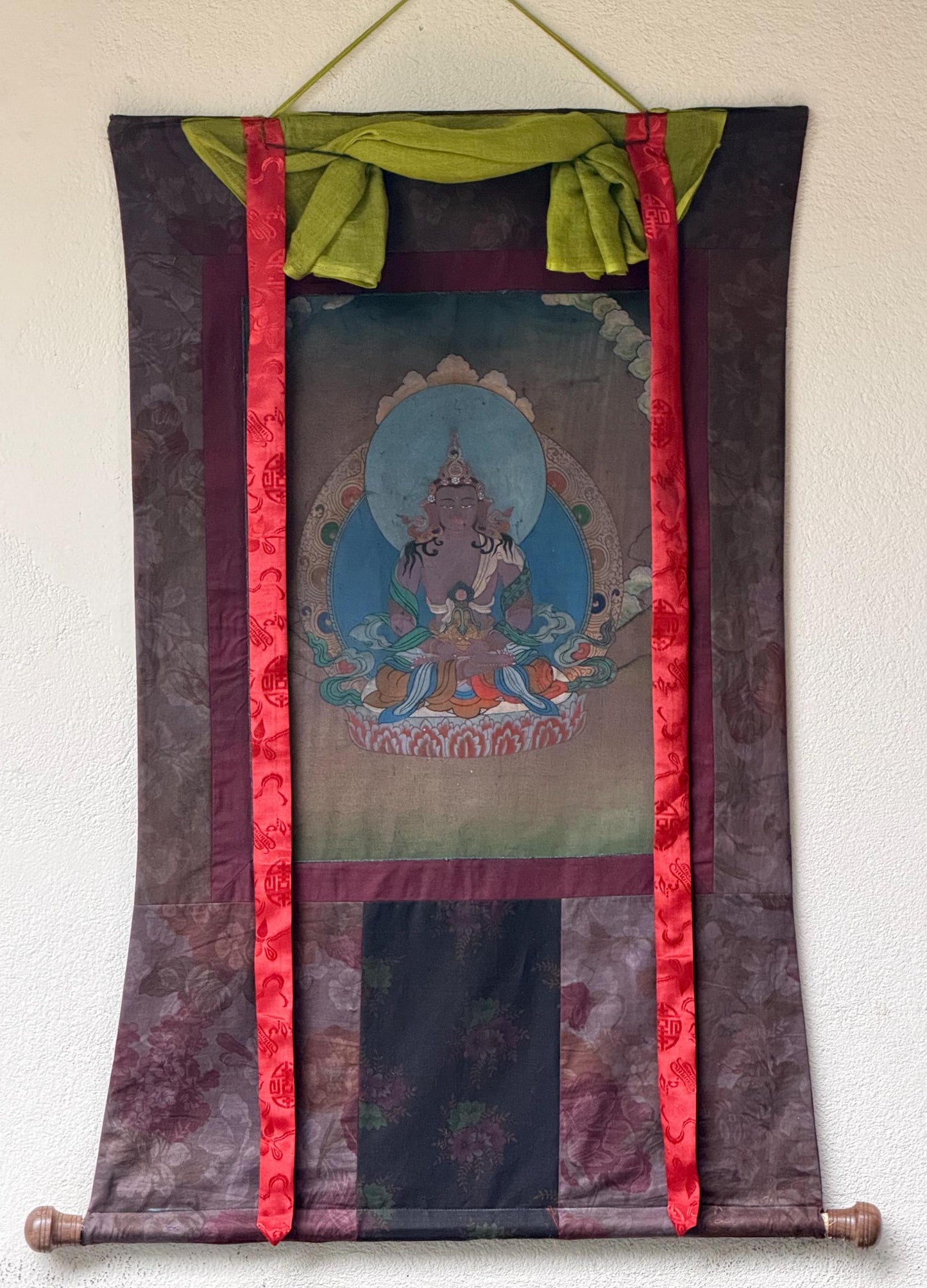 Old Amitayus Thangka | Hand-Painted Longevity Buddha Cotton Brocade Tibetan Art