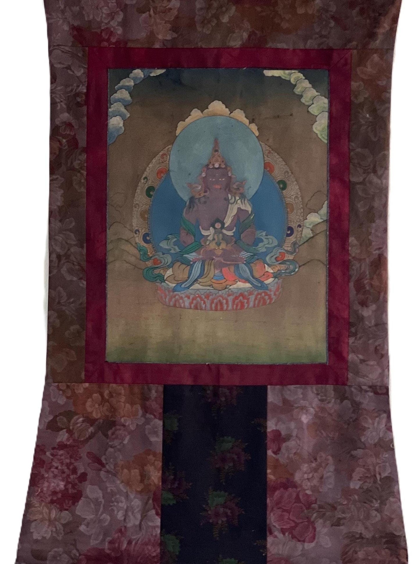 Old Amitayus Thangka | Hand-Painted Longevity Buddha Cotton Brocade Tibetan Art