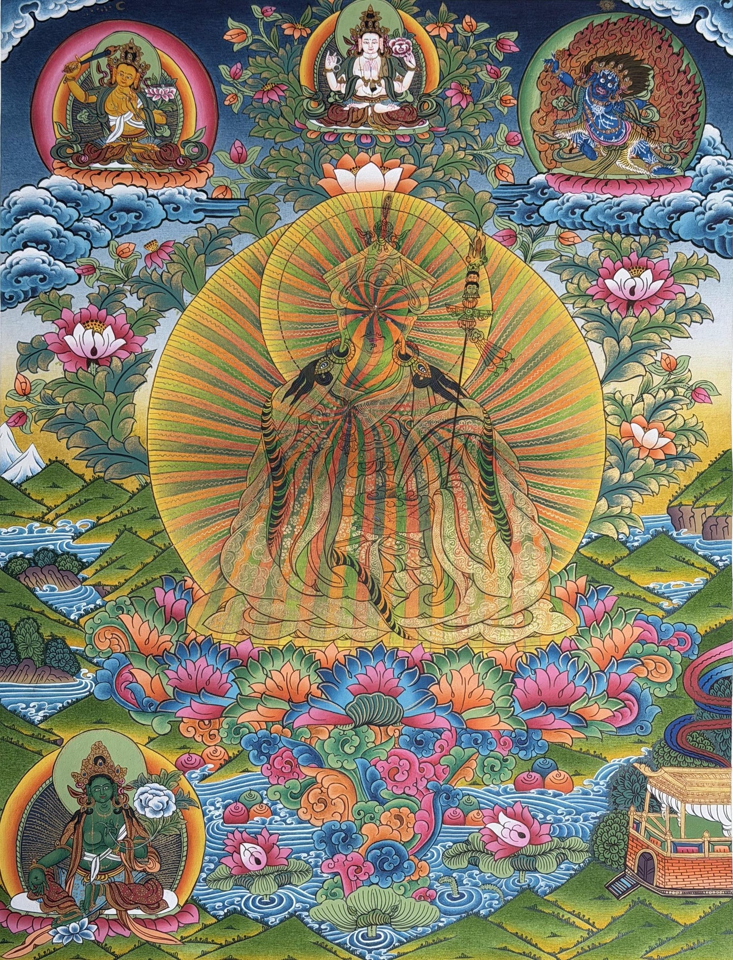 Guru Rinpoche Rainbow Body Thangka | Hand-Painted Tibetan Enlightenment Art with Silk Brocade