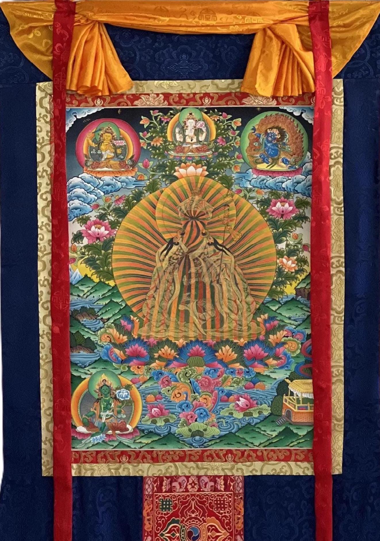 Guru Rinpoche Rainbow Body Thangka | Hand-Painted Tibetan Enlightenment Art with Silk Brocade