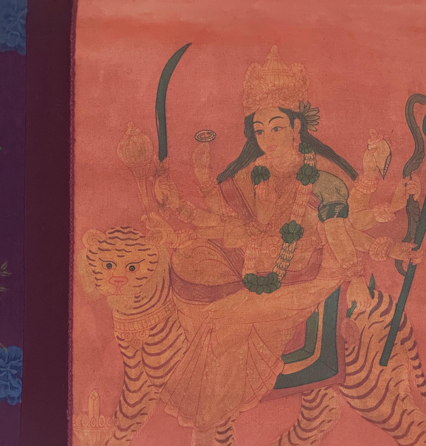 Durga Thangka Oil Varnished | Hand-Painted Hindu Goddess Art with Cotton Brocade