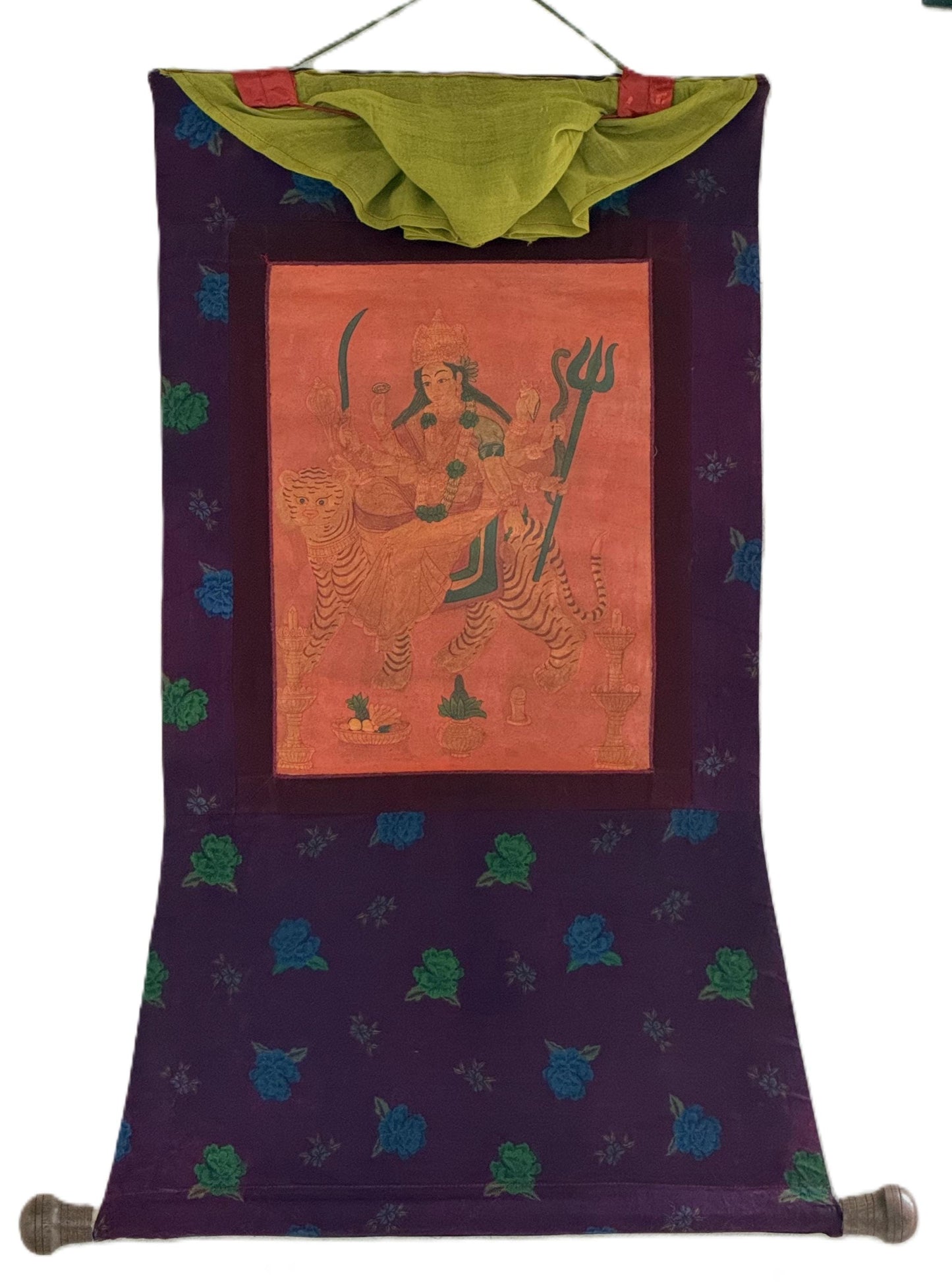 Durga Thangka Oil Varnished | Hand-Painted Hindu Goddess Art with Cotton Brocade