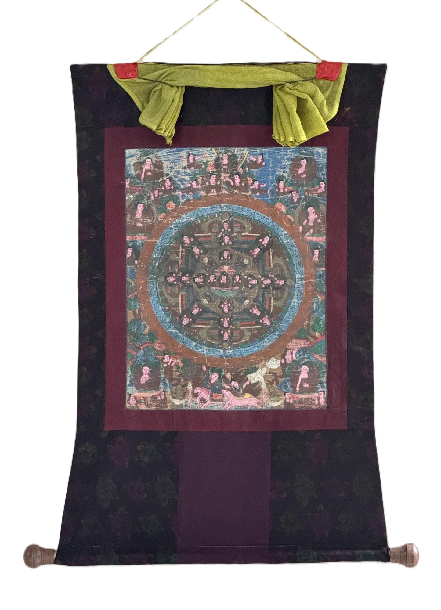 Old Buddha Life Story Thangka | Hand-Painted Tibetan Meditation Art with Cotton Brocade
