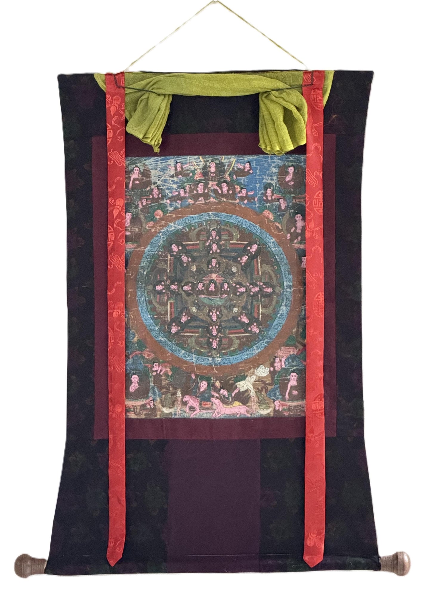 Old Buddha Life Story Thangka | Hand-Painted Tibetan Meditation Art with Cotton Brocade