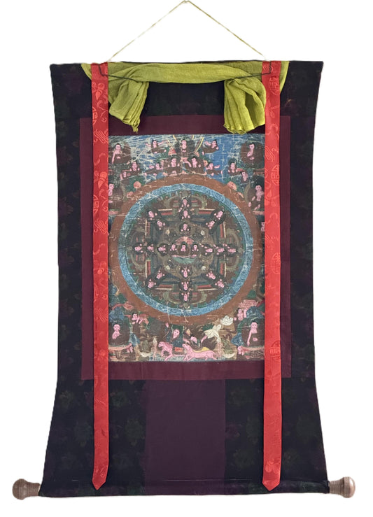 Old Buddha Life Story Thangka | Hand-Painted Tibetan Meditation Art with Cotton Brocade