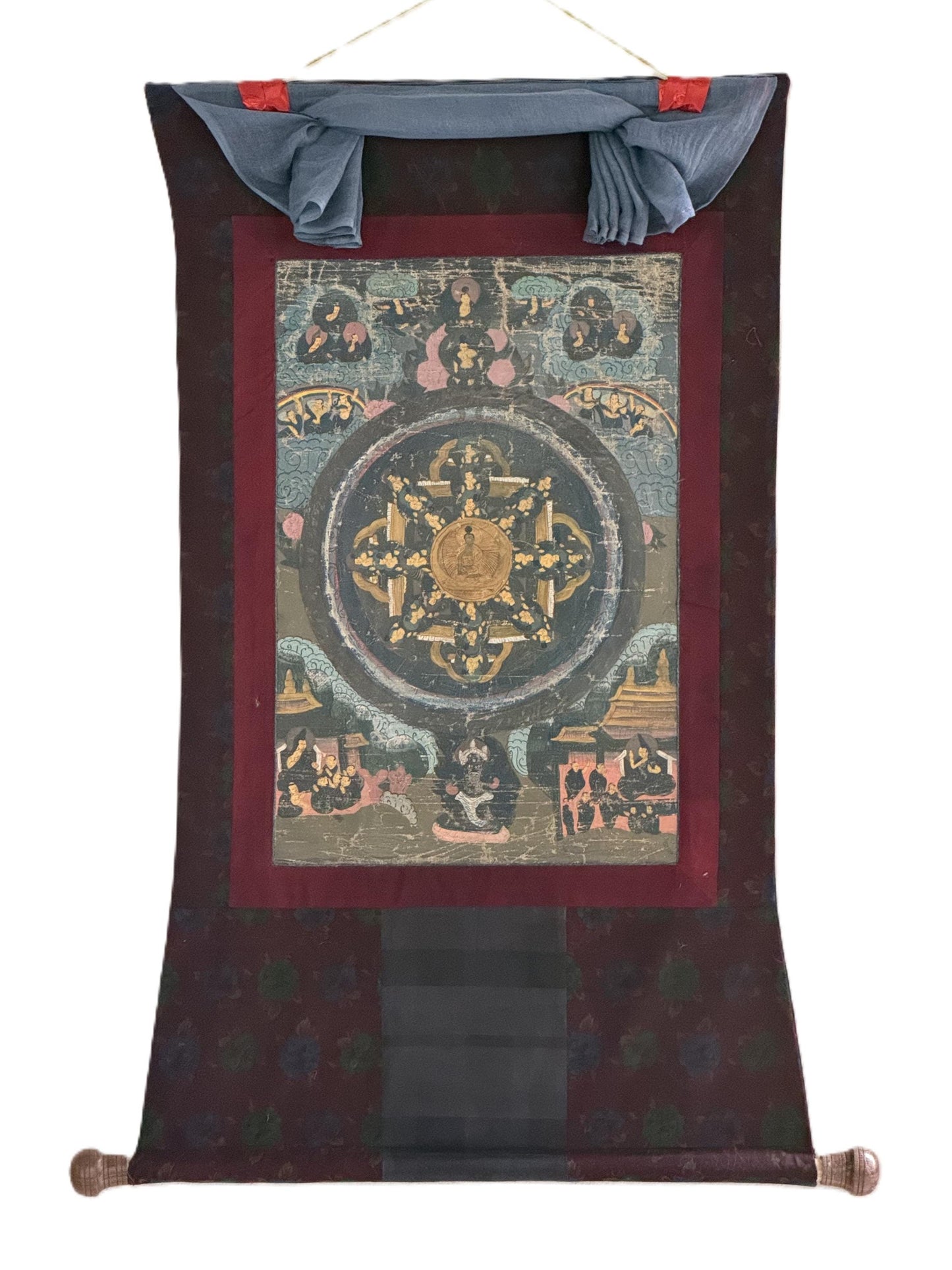 Old Buddha Life Story Mandala | Tibetan Thangka Painting, Meditation Art with Cotton Brocade