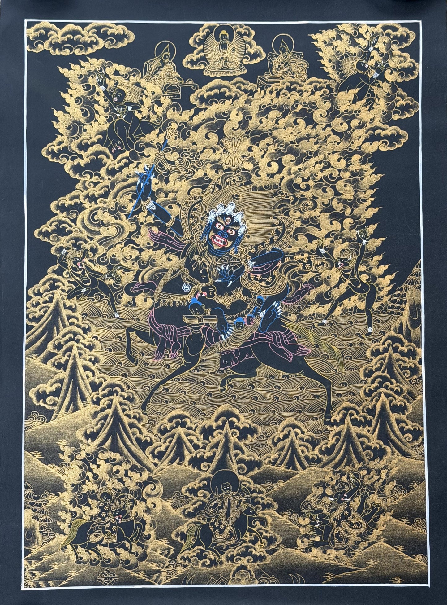 Black & Gold Palden Lhamo Thangka | Hand-Painted Tibetan Protector Goddess Art