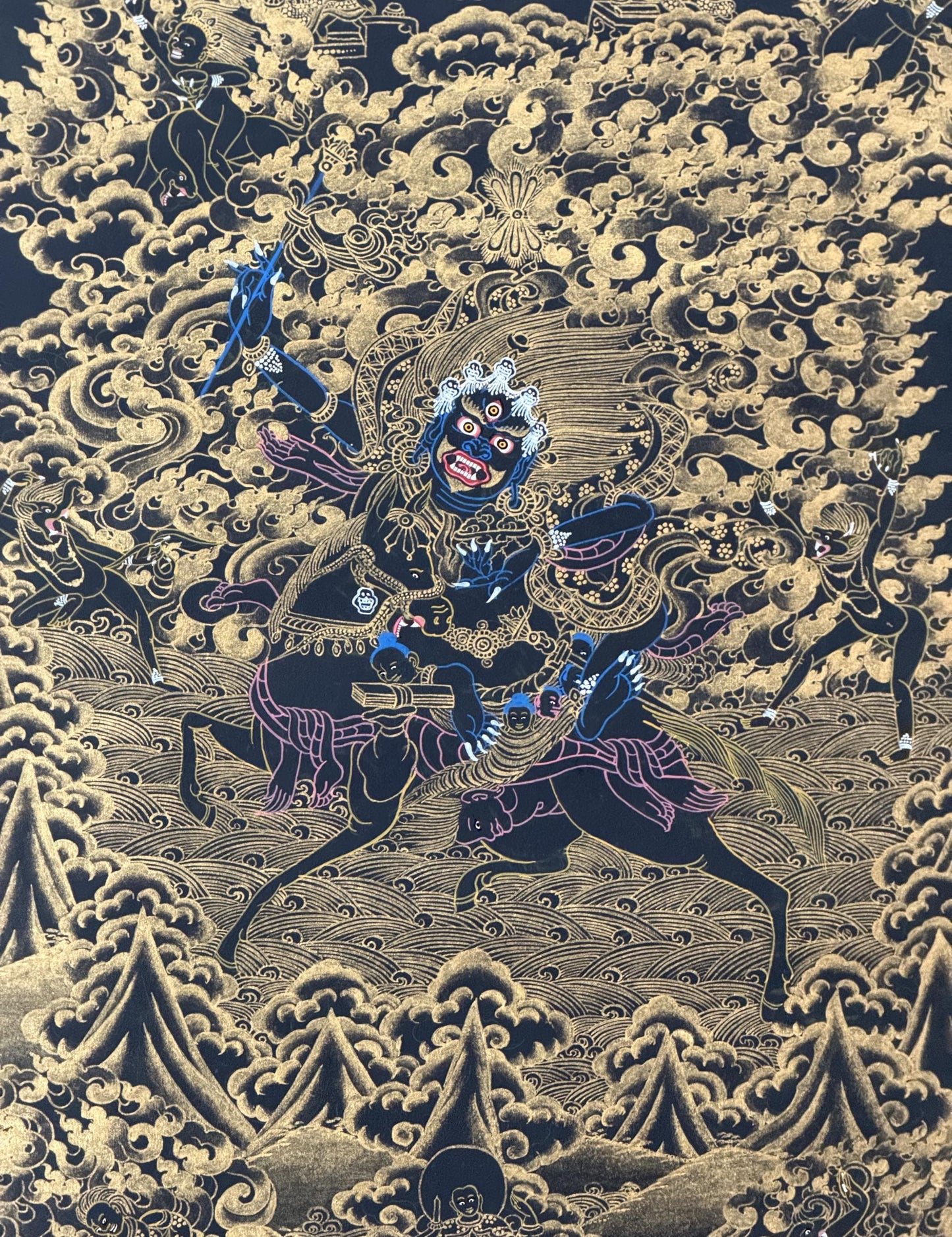 Black & Gold Palden Lhamo Thangka | Hand-Painted Tibetan Protector Goddess Art