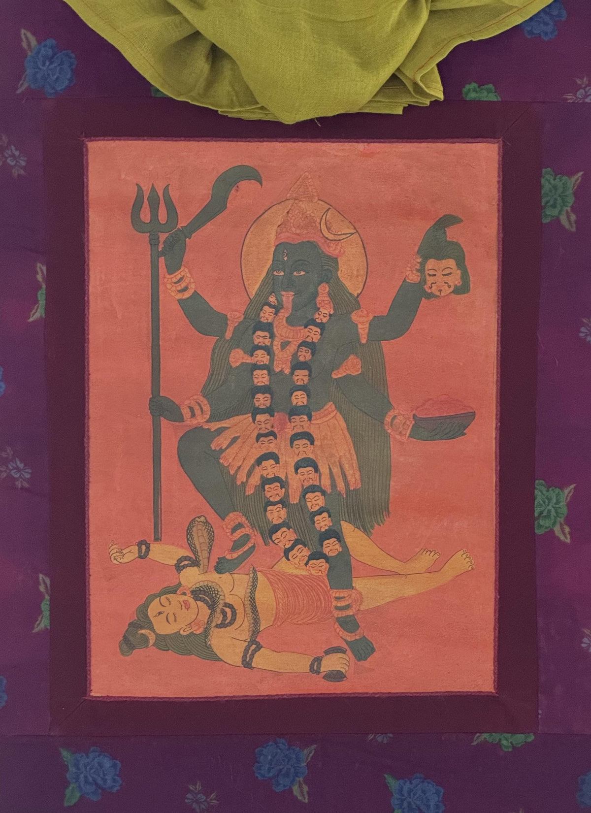 Mahakali Painting | Hand Painted Thangka with Cotton Brocade | Kali Hindu Tantric Wall Art