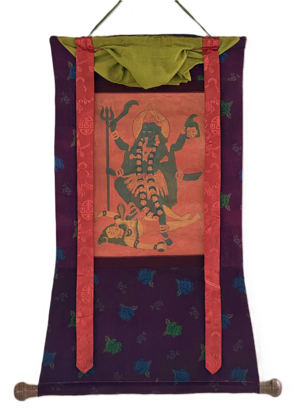 Mahakali Painting | Hand Painted Thangka with Cotton Brocade | Kali Hindu Tantric Wall Art