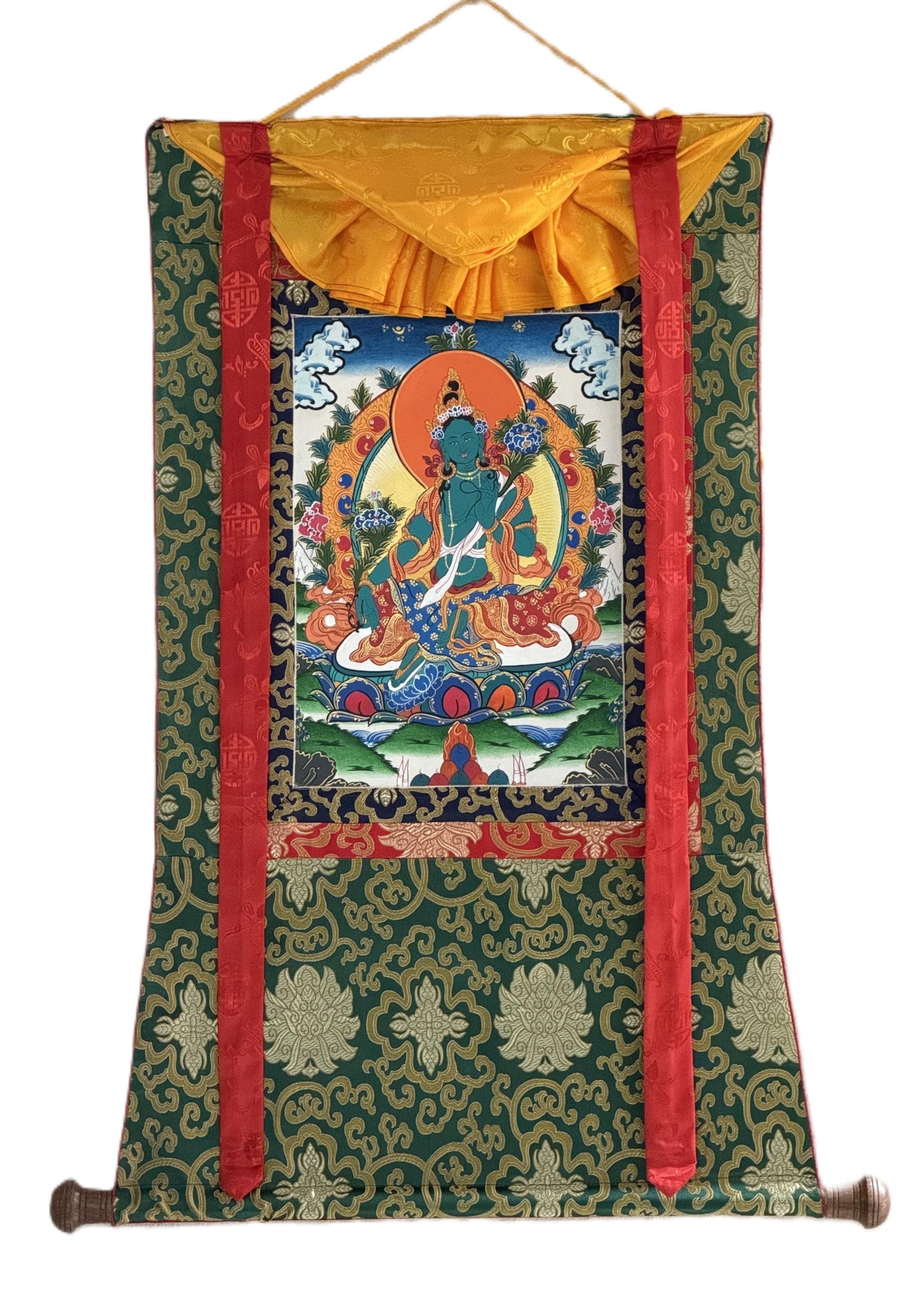 Green Tara Thangka | Tibetan Buddhist Goddess | Hand-Painted Art | Compassion Deity | Silk Brocade