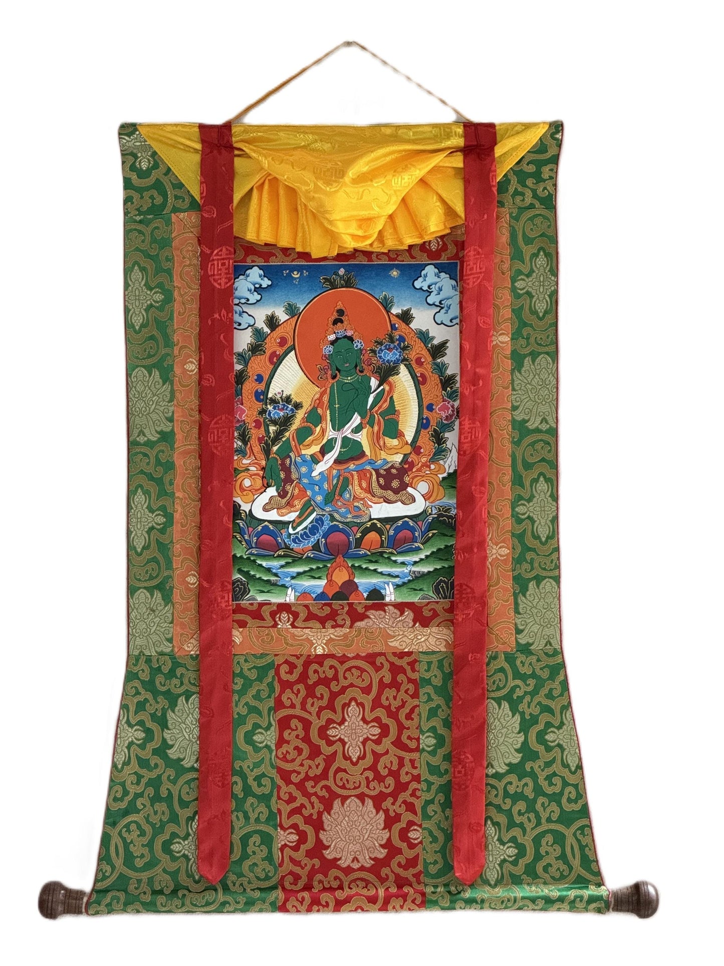 Green Tara Tibetan Thangka – Hand-Painted Goddess of Compassion Painting with Silk Brocade