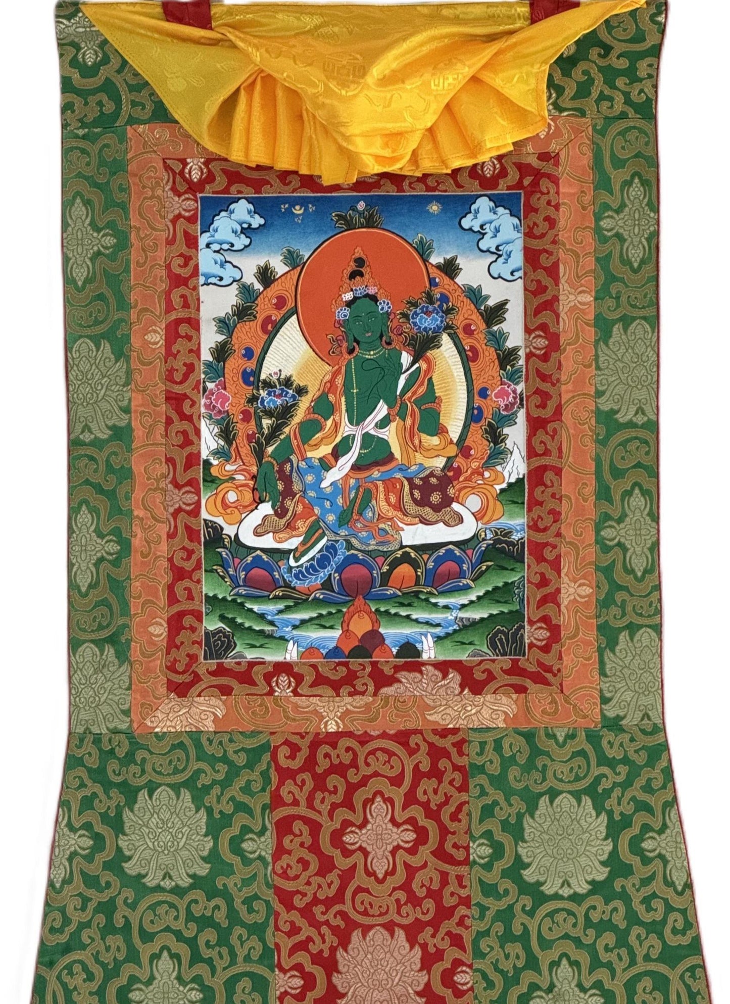 Green Tara Tibetan Thangka – Hand-Painted Goddess of Compassion Painting with Silk Brocade