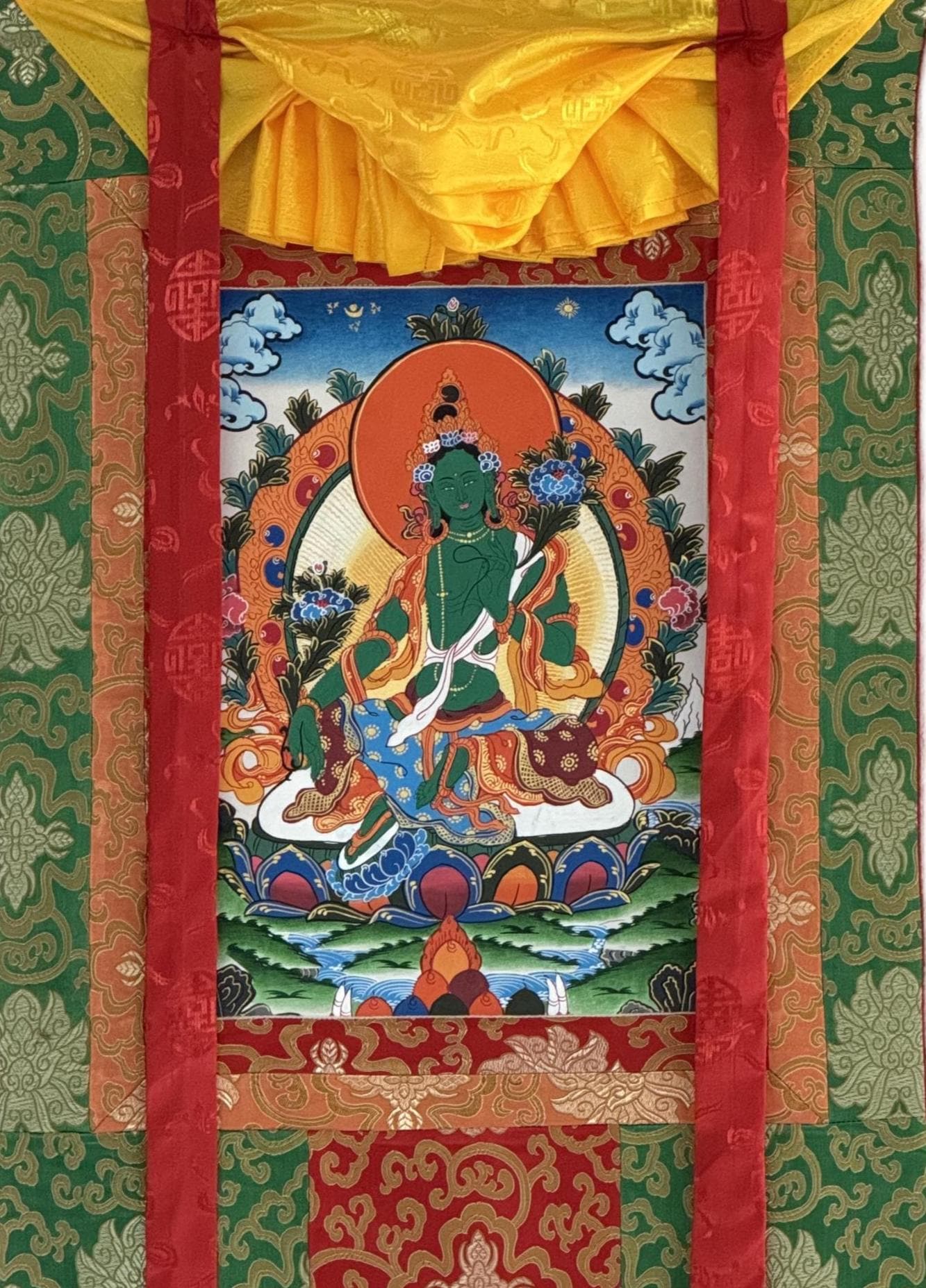 Green Tara Tibetan Thangka – Hand-Painted Goddess of Compassion Painting with Silk Brocade