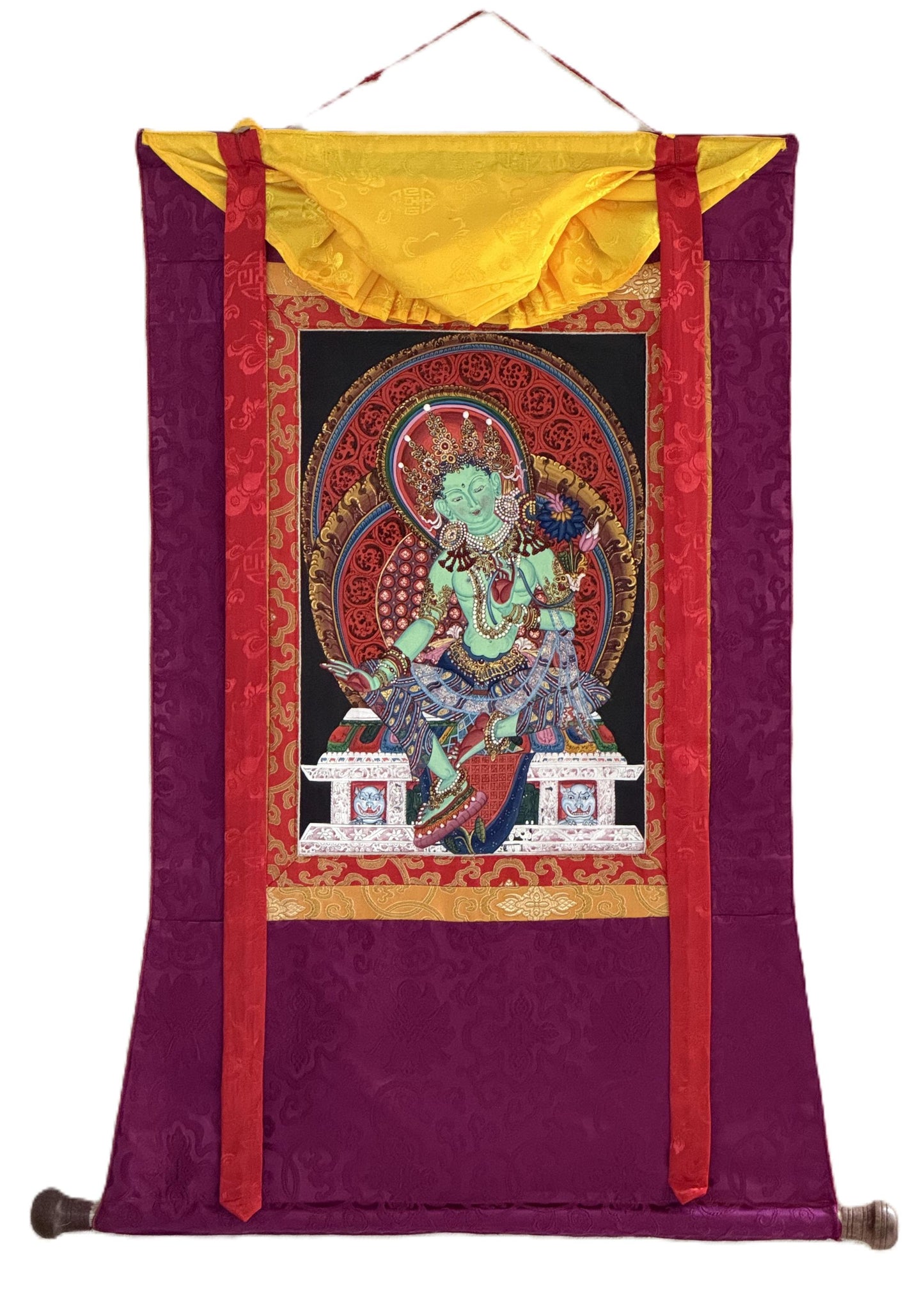 Green Tara Newari Paubha Thangka | Hand-Painted Tibetan Buddhist Art with Silk Brocade