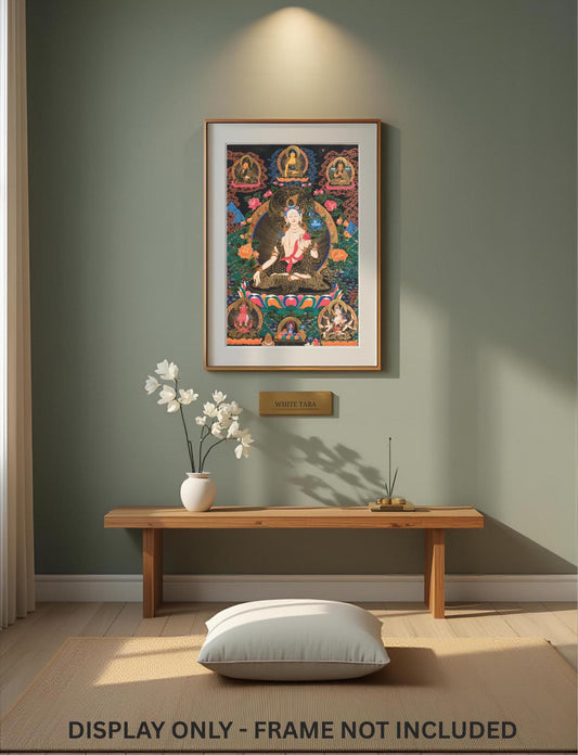Hand-Painted White Tara Thangka with Silk Brocade - Tibetan Goddess of Compassion and Long Life