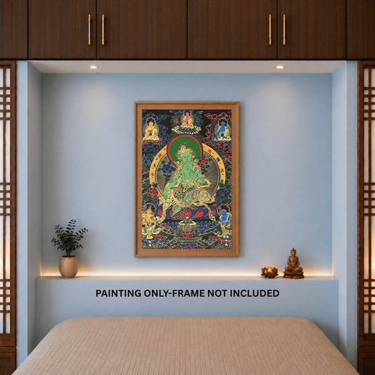 Green Tara Tibetan Thangka with Silk Brocade | Hand Painted Buddhist Meditation Art