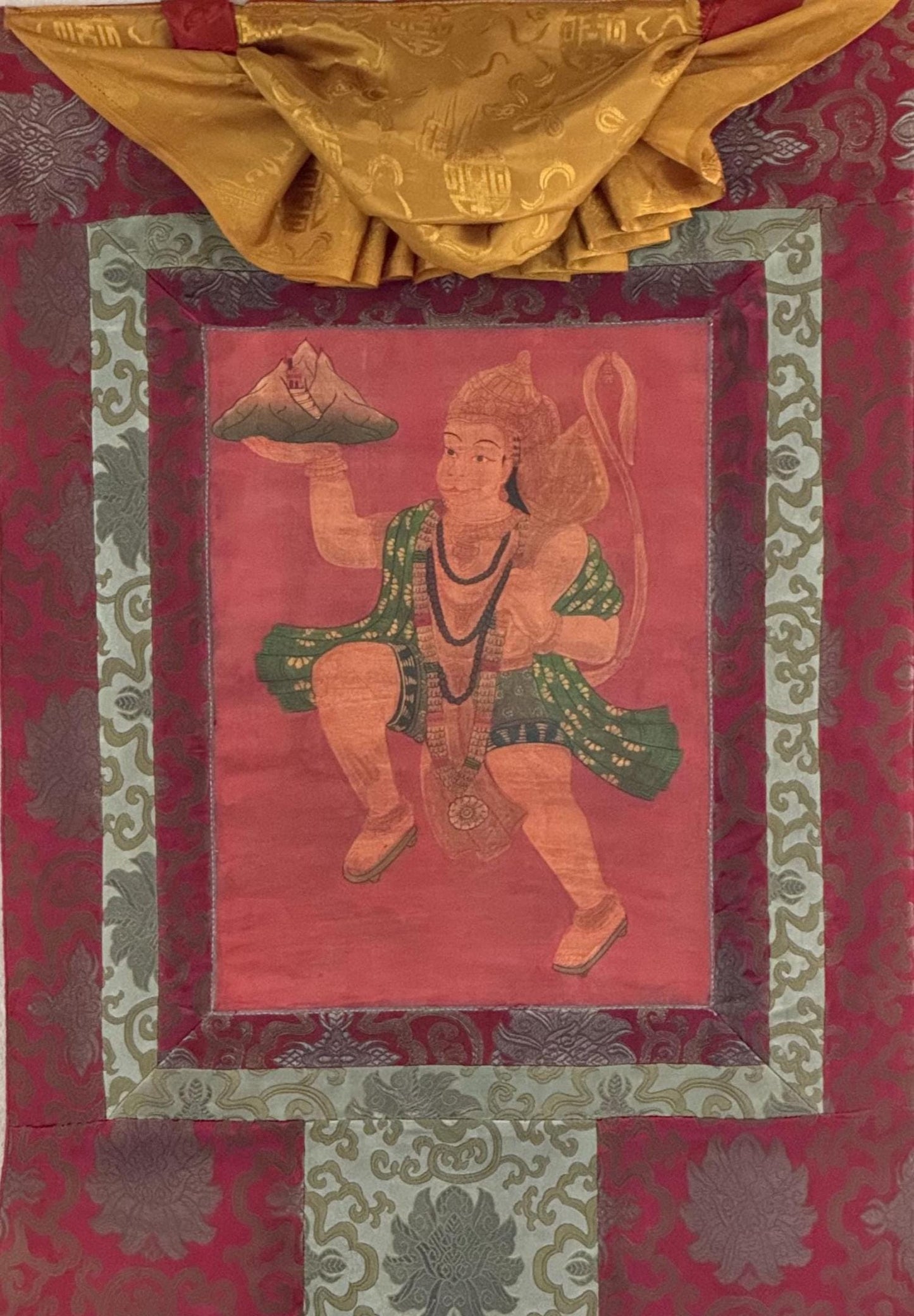 Original Hand-Painted Hanumana Oil-Varnished  Old Thangka Painting With Silk Brocade