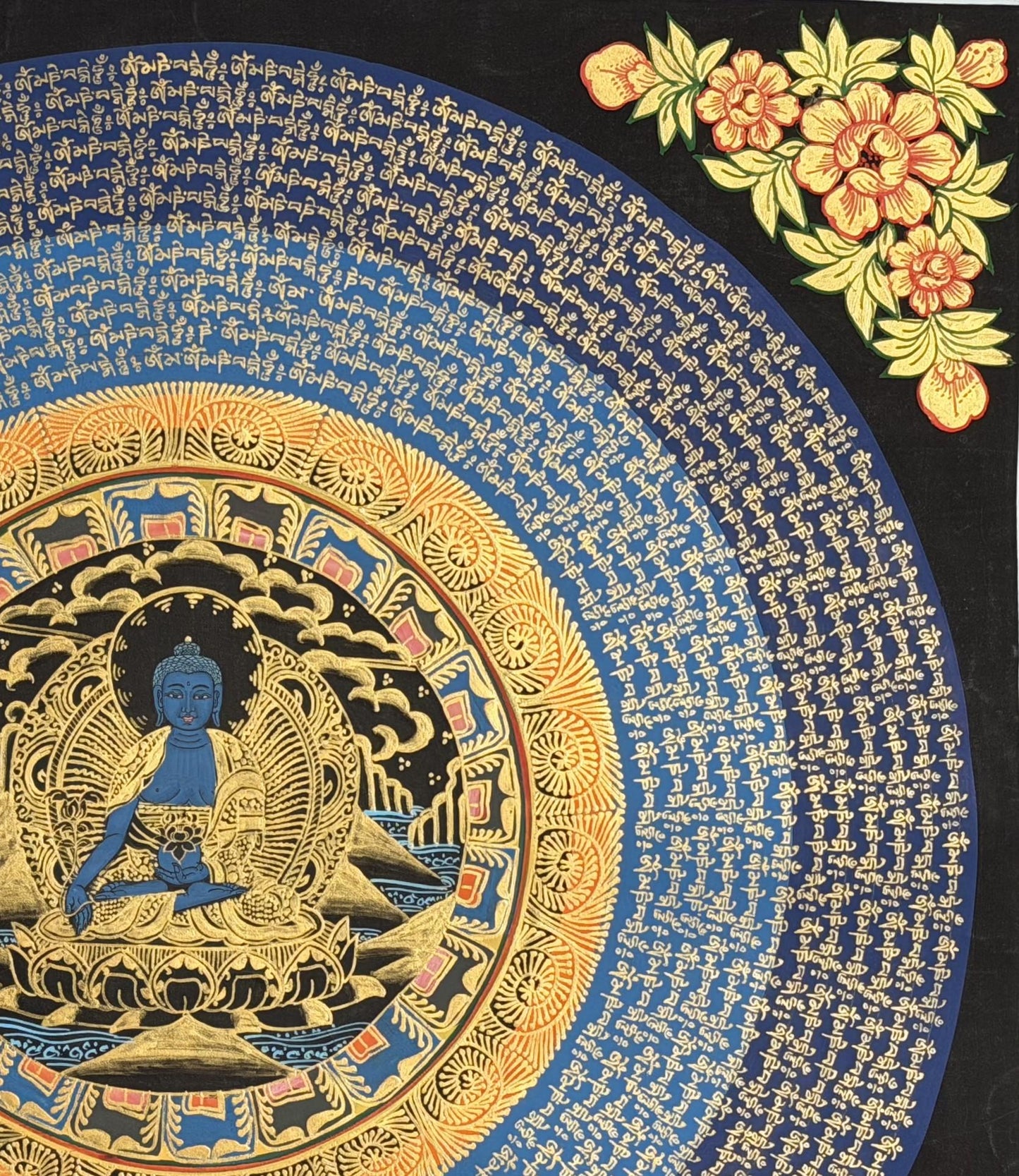 Medicine Buddha Om Mani Padme Hum Thangka | Hand-Painted Tibetan Healing Art with Silk Brocade