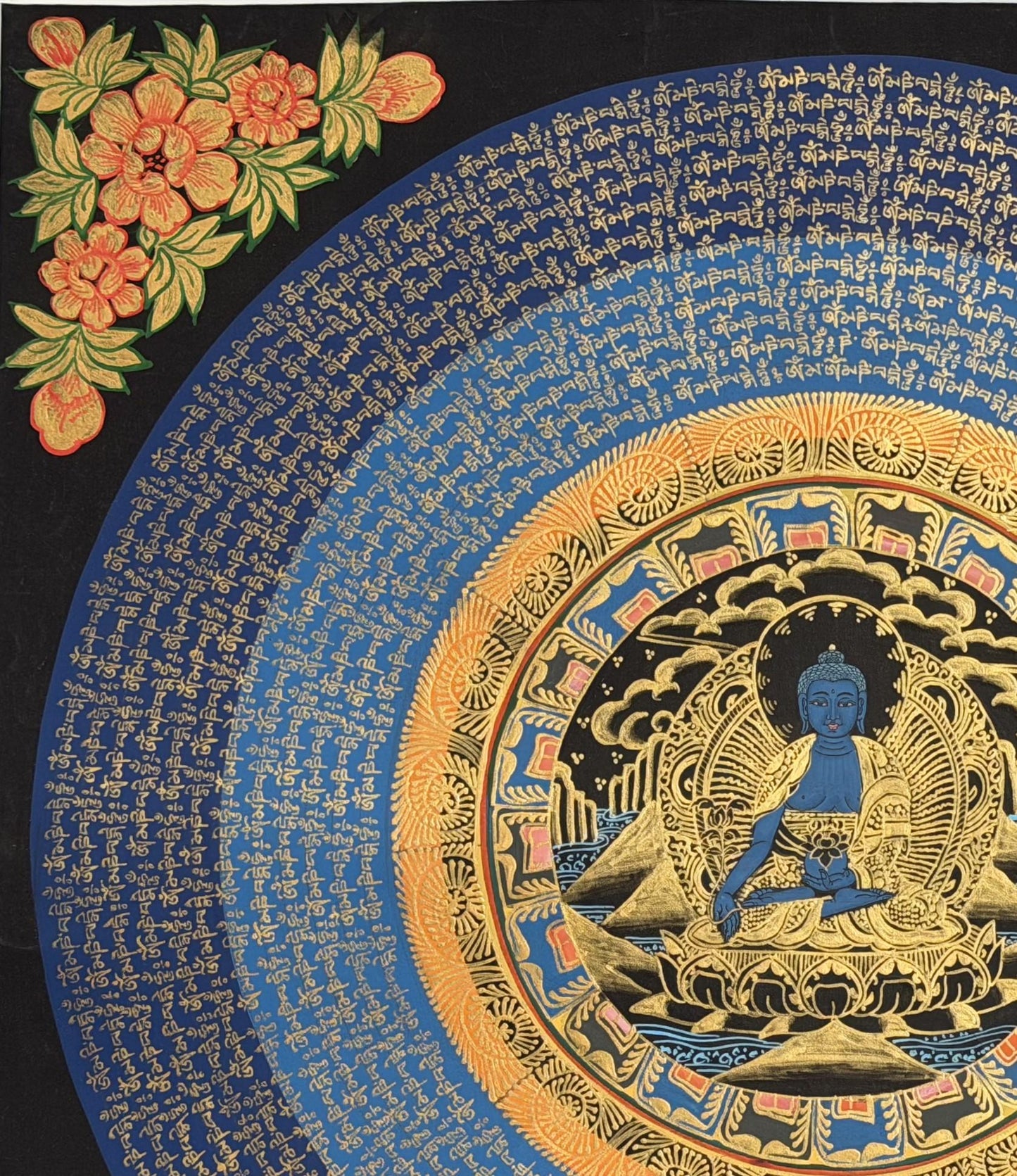 Medicine Buddha Om Mani Padme Hum Thangka | Hand-Painted Tibetan Healing Art with Silk Brocade