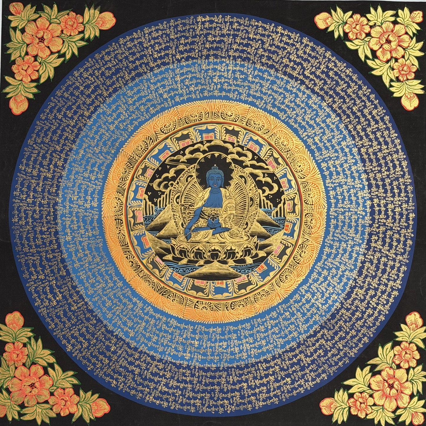 Medicine Buddha Om Mani Padme Hum Thangka | Hand-Painted Tibetan Healing Art with Silk Brocade