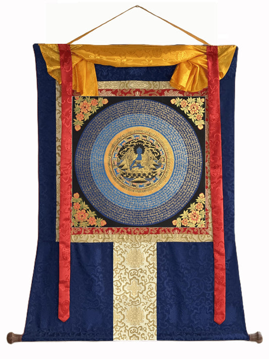 Medicine Buddha Om Mani Padme Hum Thangka | Hand-Painted Tibetan Healing Art with Silk Brocade