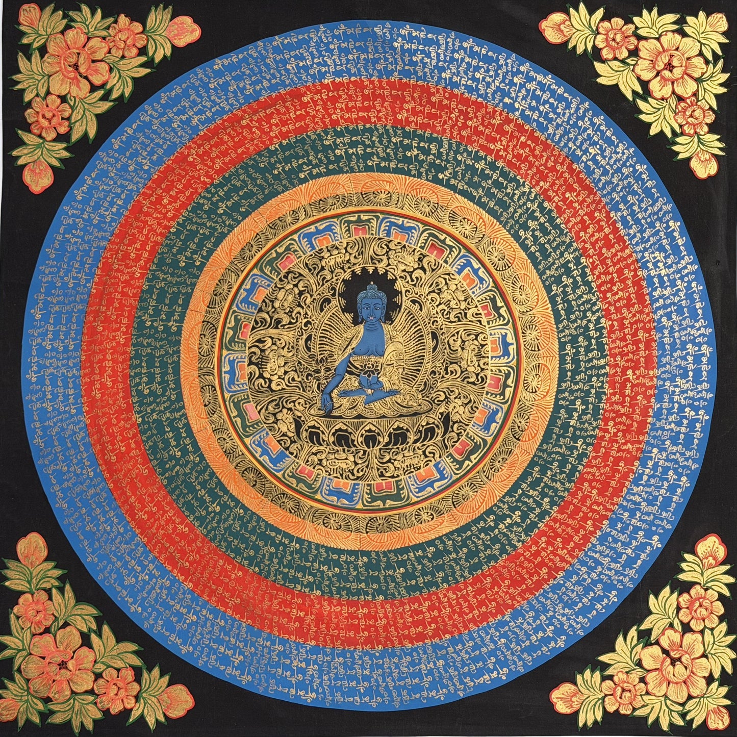 Medicine Buddha Om Mani Padme Hum Thangka | Hand-Painted Tibetan Healing Art Mandala |  Silk Brocade