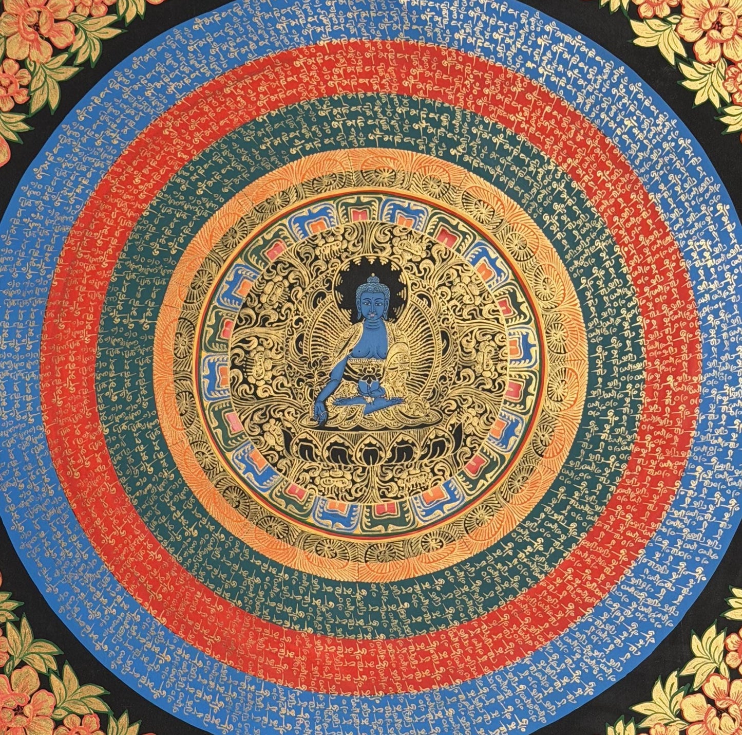 Medicine Buddha Om Mani Padme Hum Thangka | Hand-Painted Tibetan Healing Art Mandala |  Silk Brocade