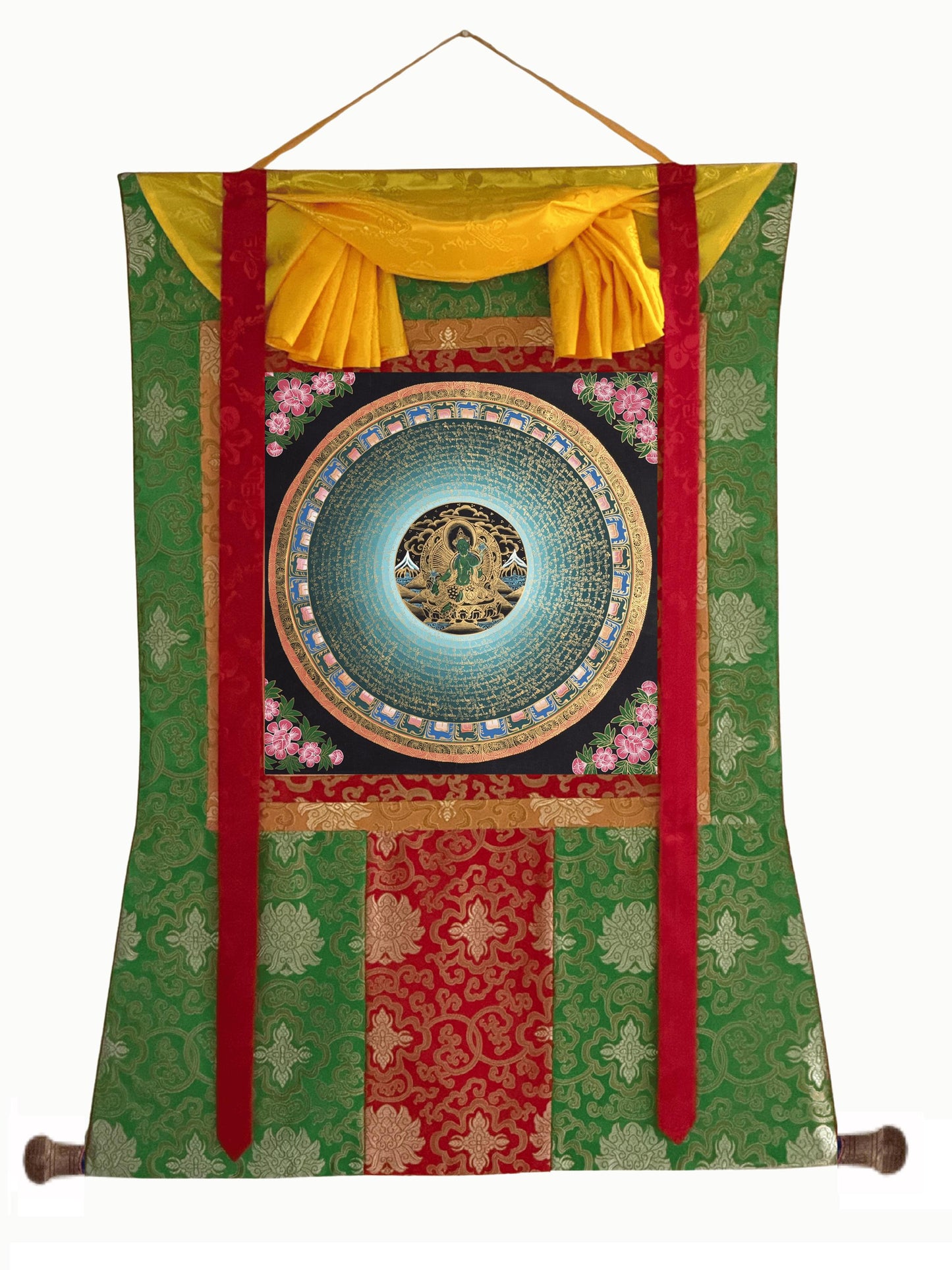 Green Tara Om Mani Padme Hum Thangka | Hand-Painted Tibetan Mantra Art with Silk Brocade