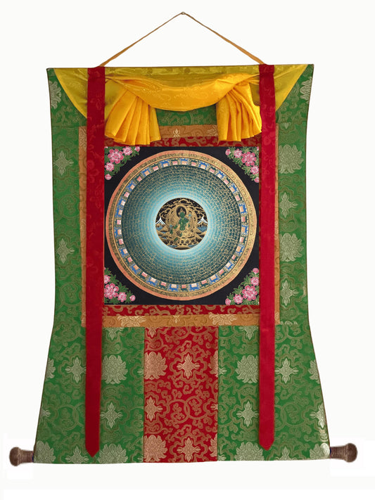 Green Tara Om Mani Padme Hum Thangka | Hand-Painted Tibetan Mantra Art with Silk Brocade