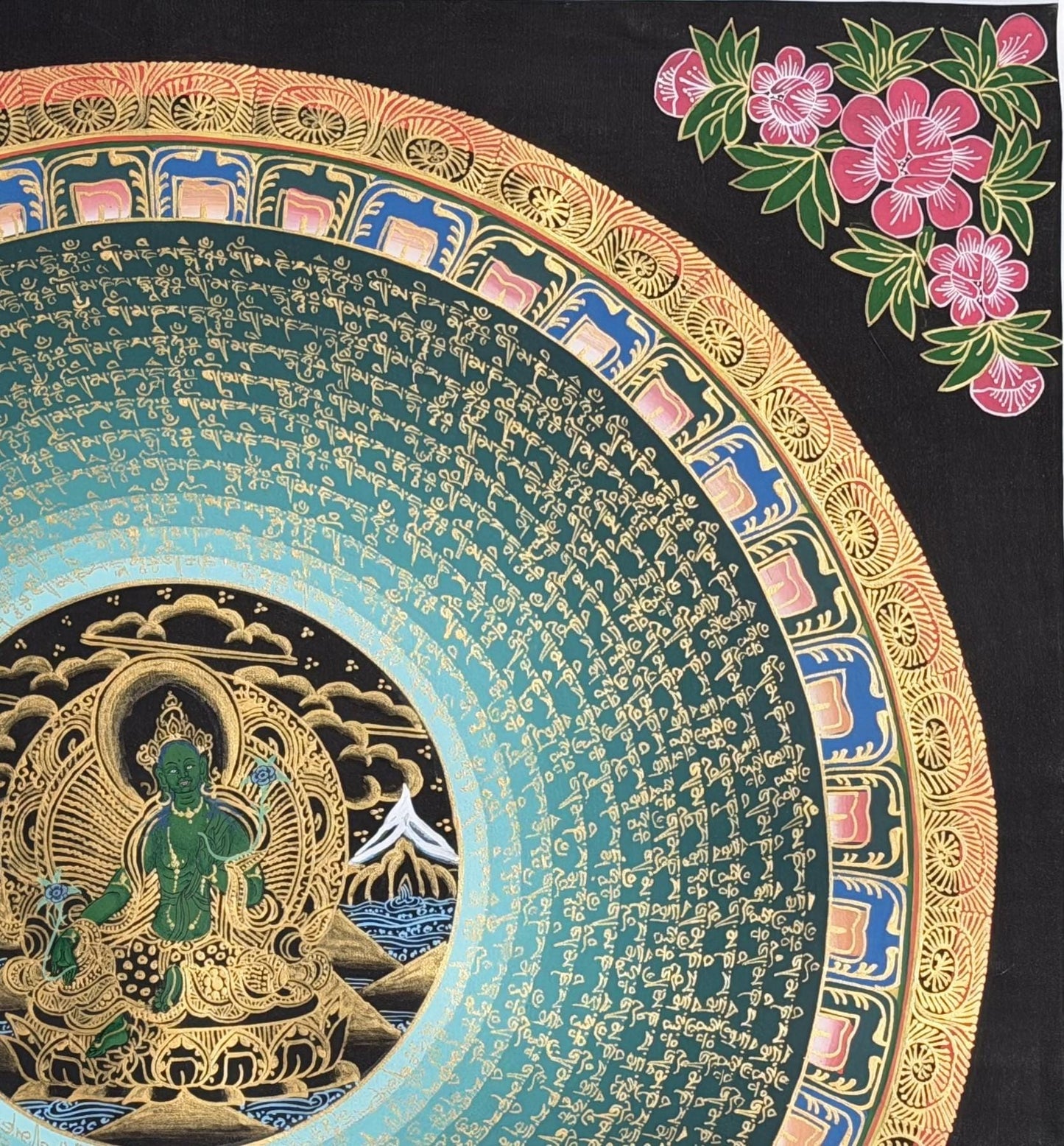 Green Tara Om Mani Padme Hum Thangka | Hand-Painted Tibetan Mantra Art with Silk Brocade