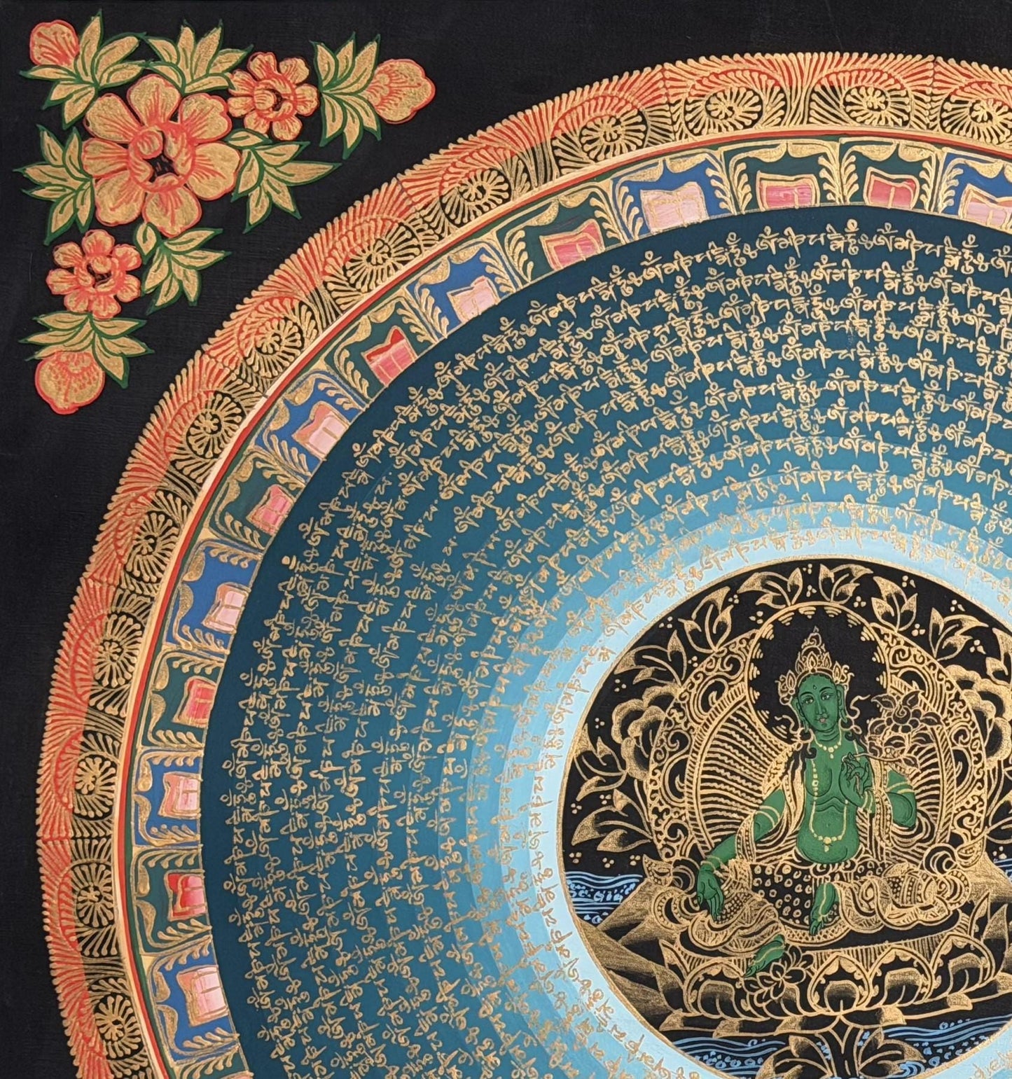 Green Tara Om Mani Padme Hum Thangka | Hand-Painted Tibetan MantraMandala Art with Silk Brocade