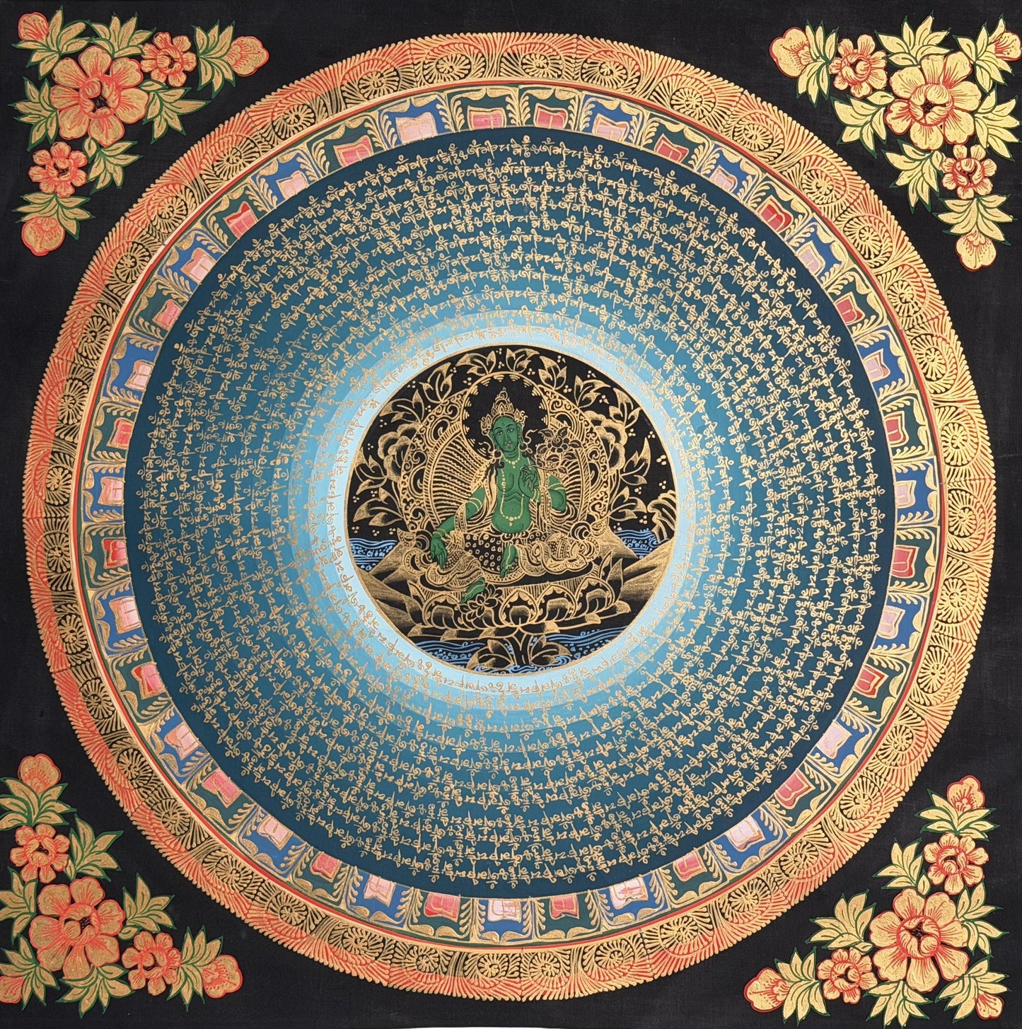 Green Tara Om Mani Padme Hum Thangka | Hand-Painted Tibetan MantraMandala Art with Silk Brocade