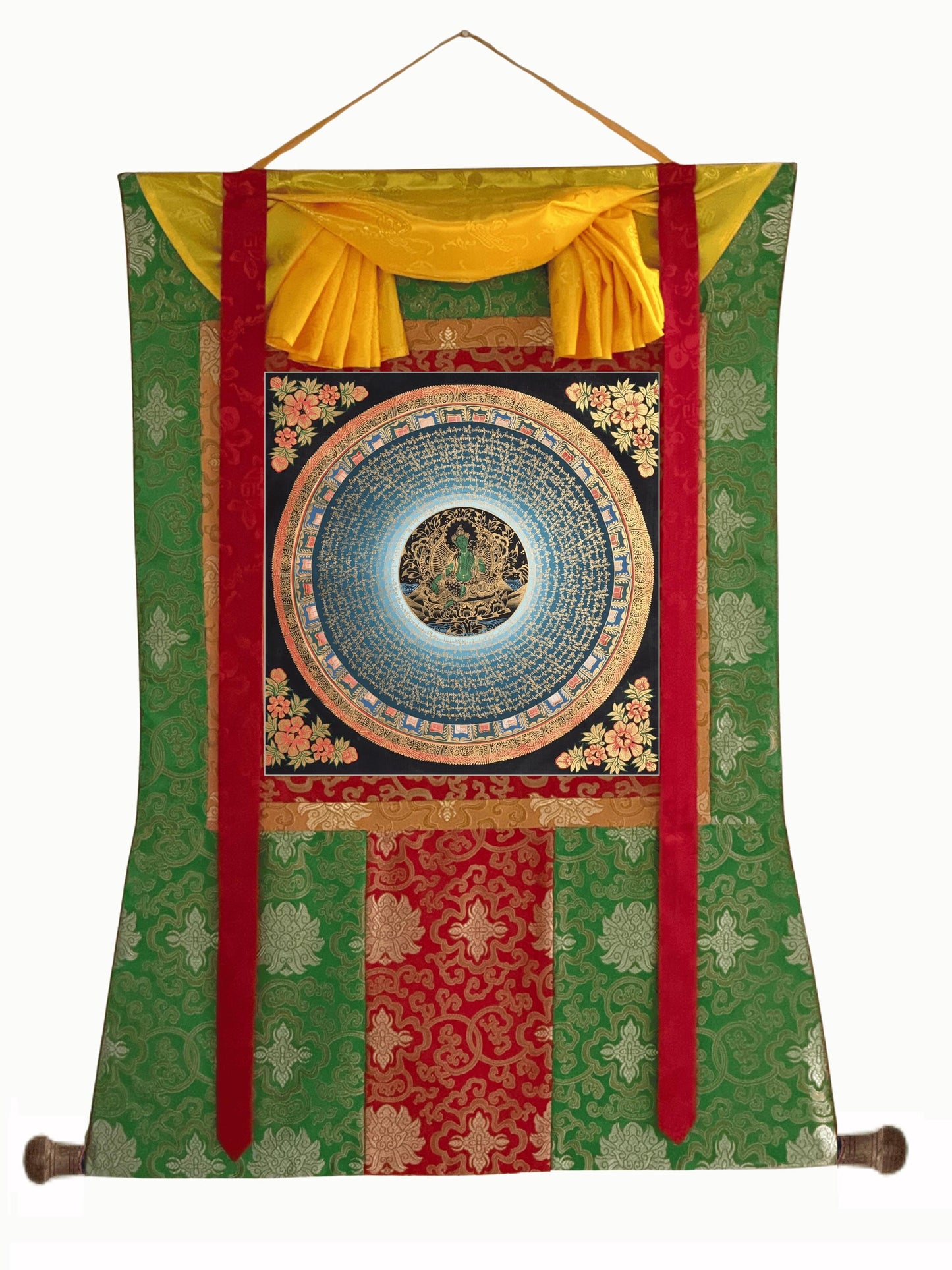 Green Tara Om Mani Padme Hum Thangka | Hand-Painted Tibetan MantraMandala Art with Silk Brocade