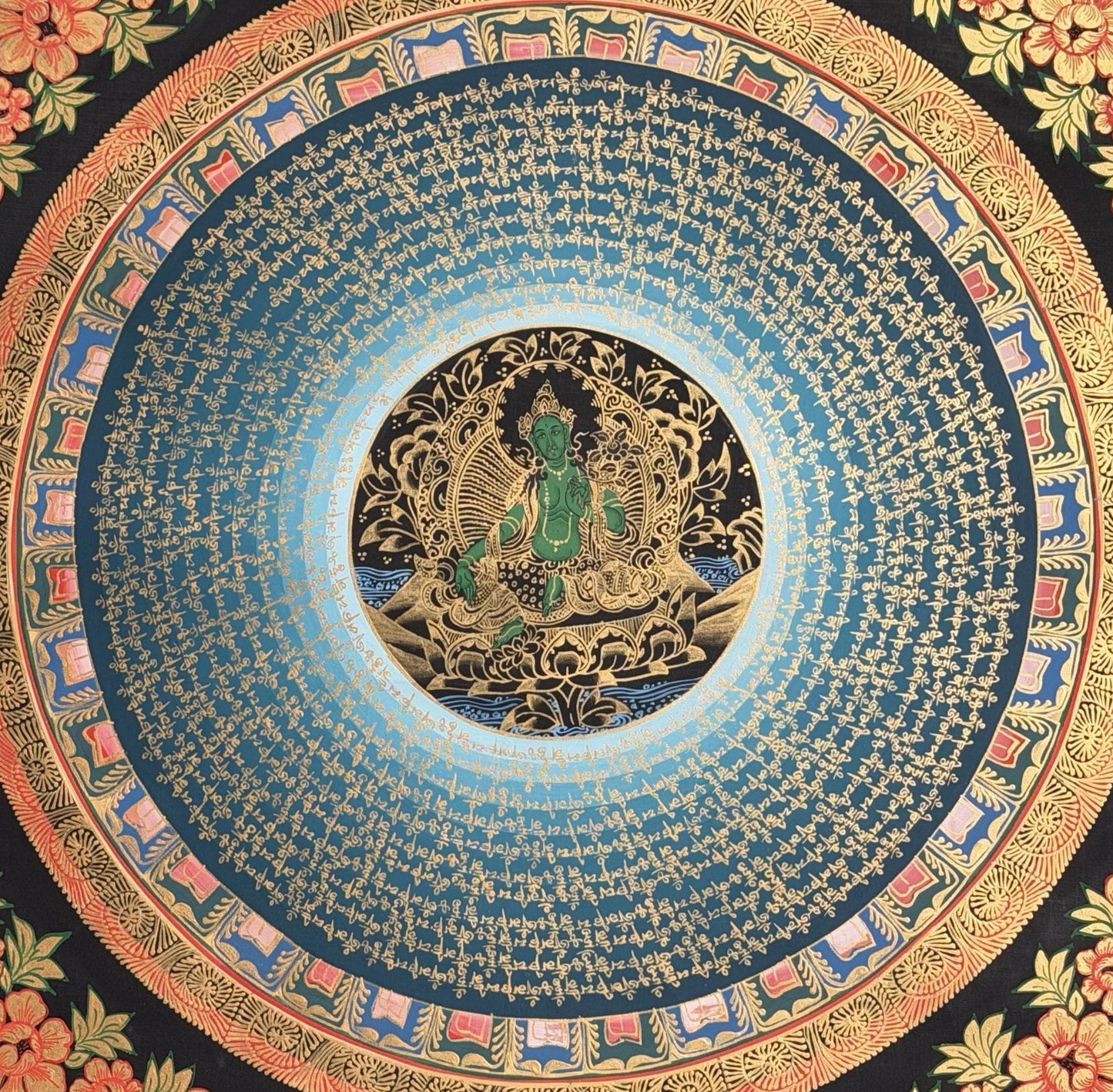 Green Tara Om Mani Padme Hum Thangka | Hand-Painted Tibetan MantraMandala Art with Silk Brocade