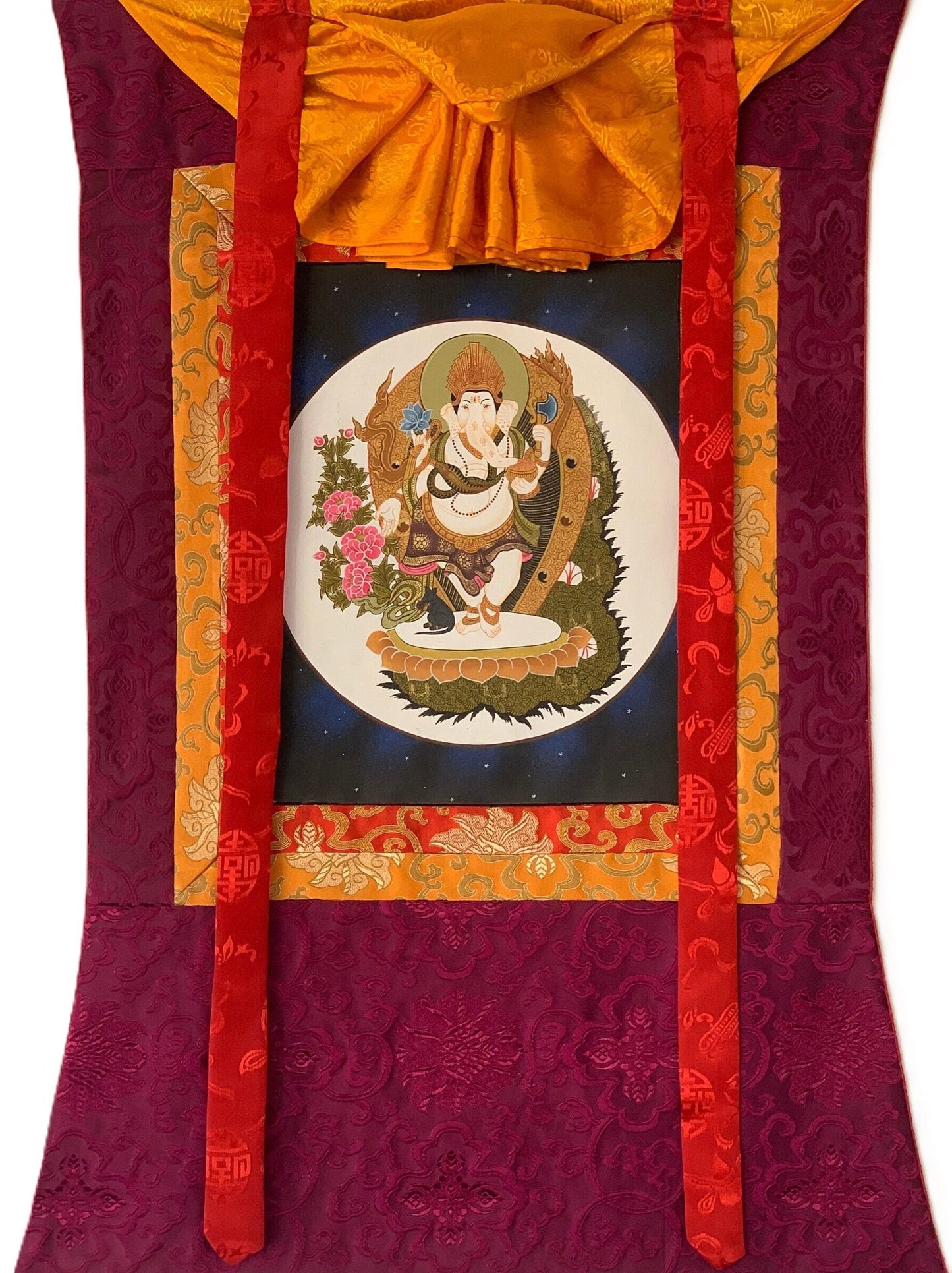 Ganesha Thangka | Hand-Painted Hindu God Art with Silk Brocade