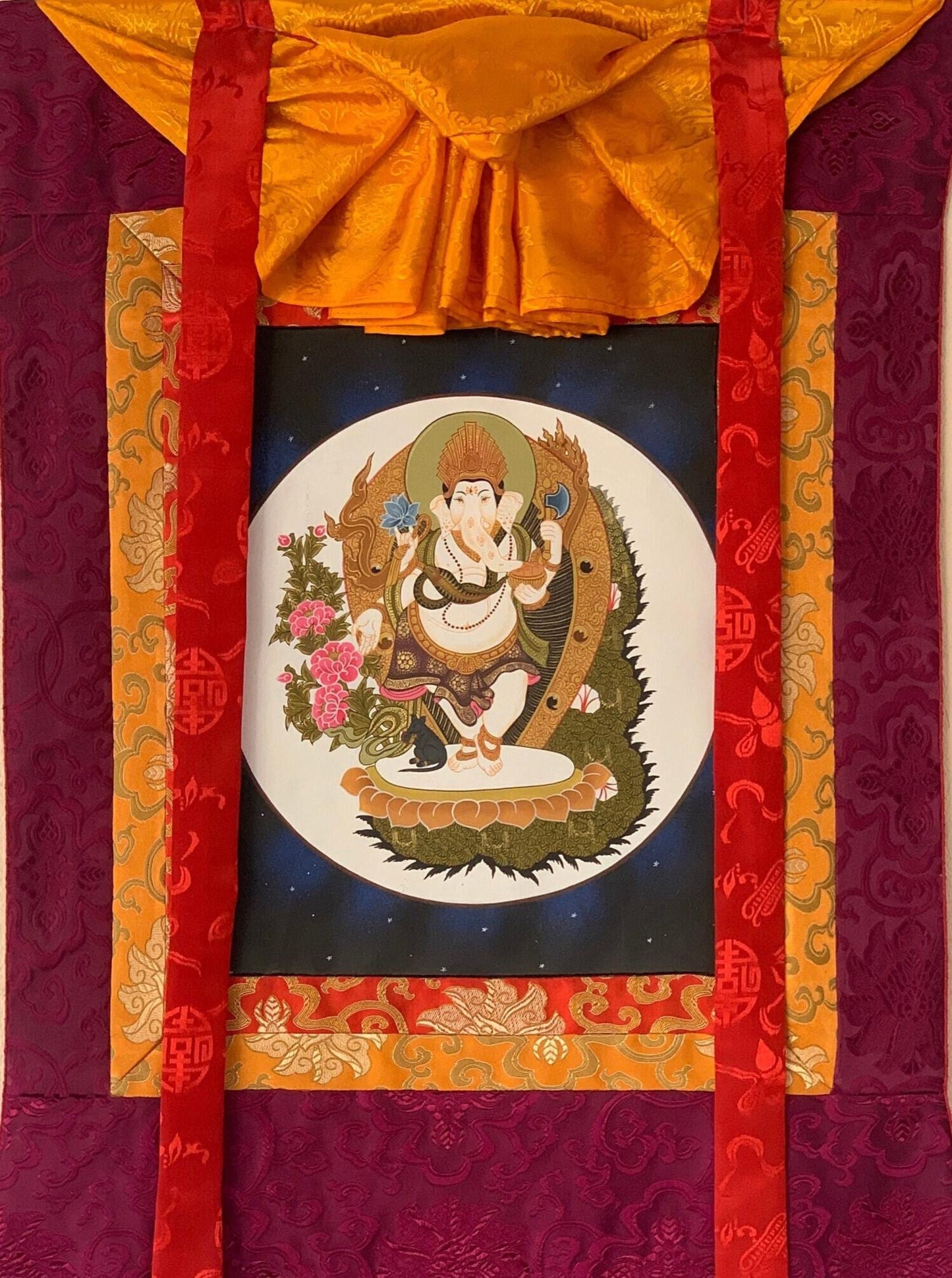 Ganesha Thangka | Hand-Painted Hindu God Art with Silk Brocade