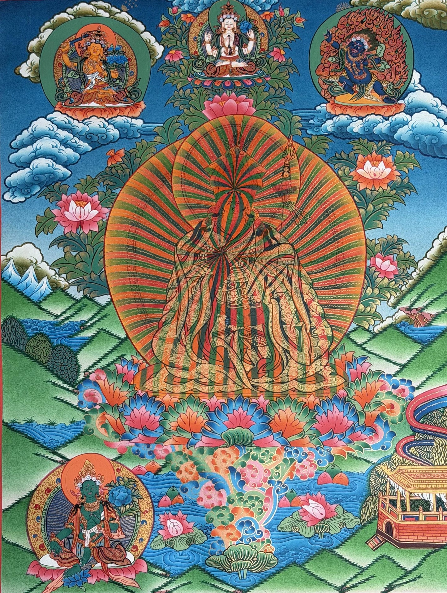 Guru Rainbow Body Thangka Painting | Padmasambhava Dzogchen Art | Tibetan Buddhist Masterpiece | Silk Brocade