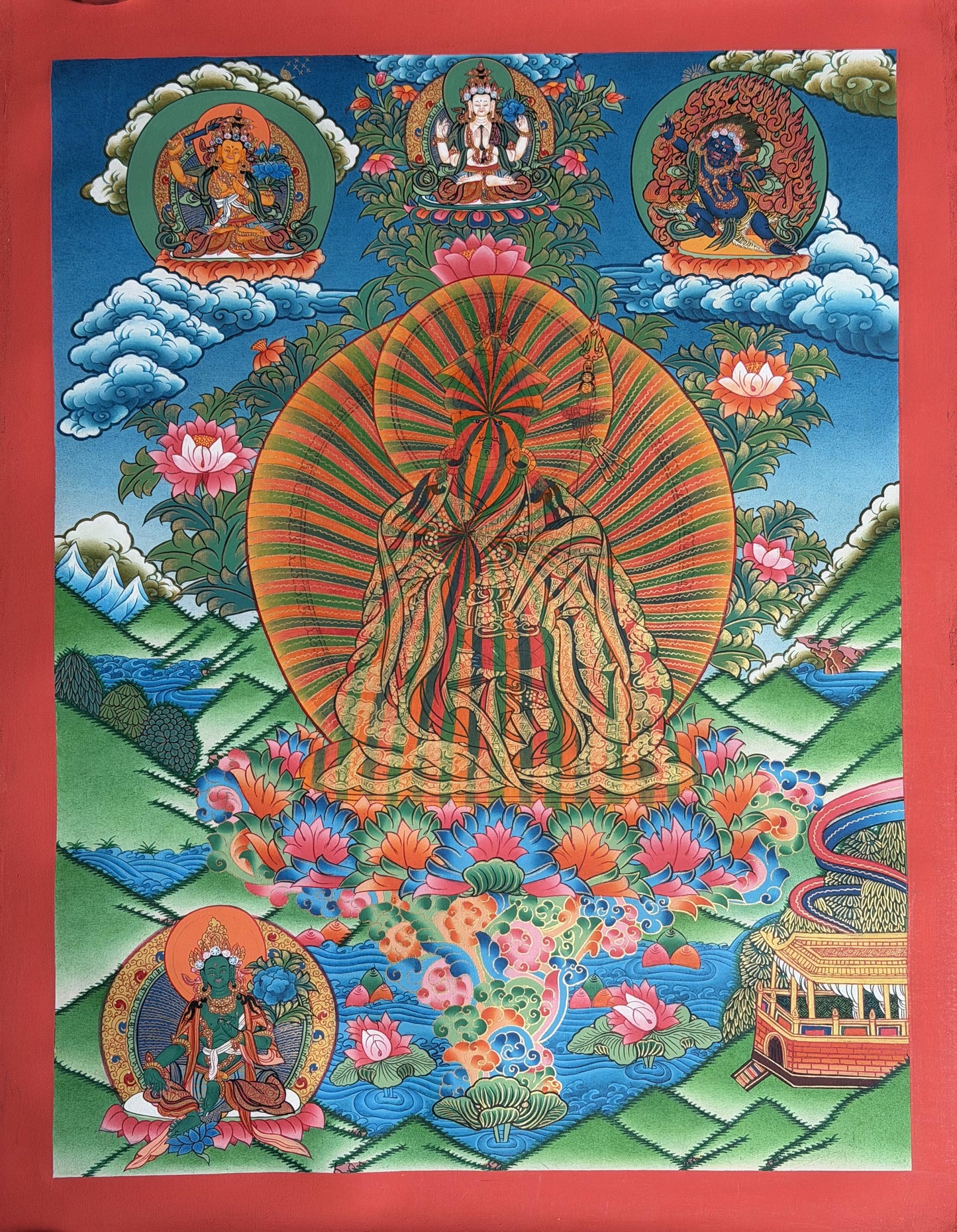 Guru Rainbow Body Thangka Painting | Padmasambhava Dzogchen Art | Tibetan Buddhist Masterpiece | Silk Brocade