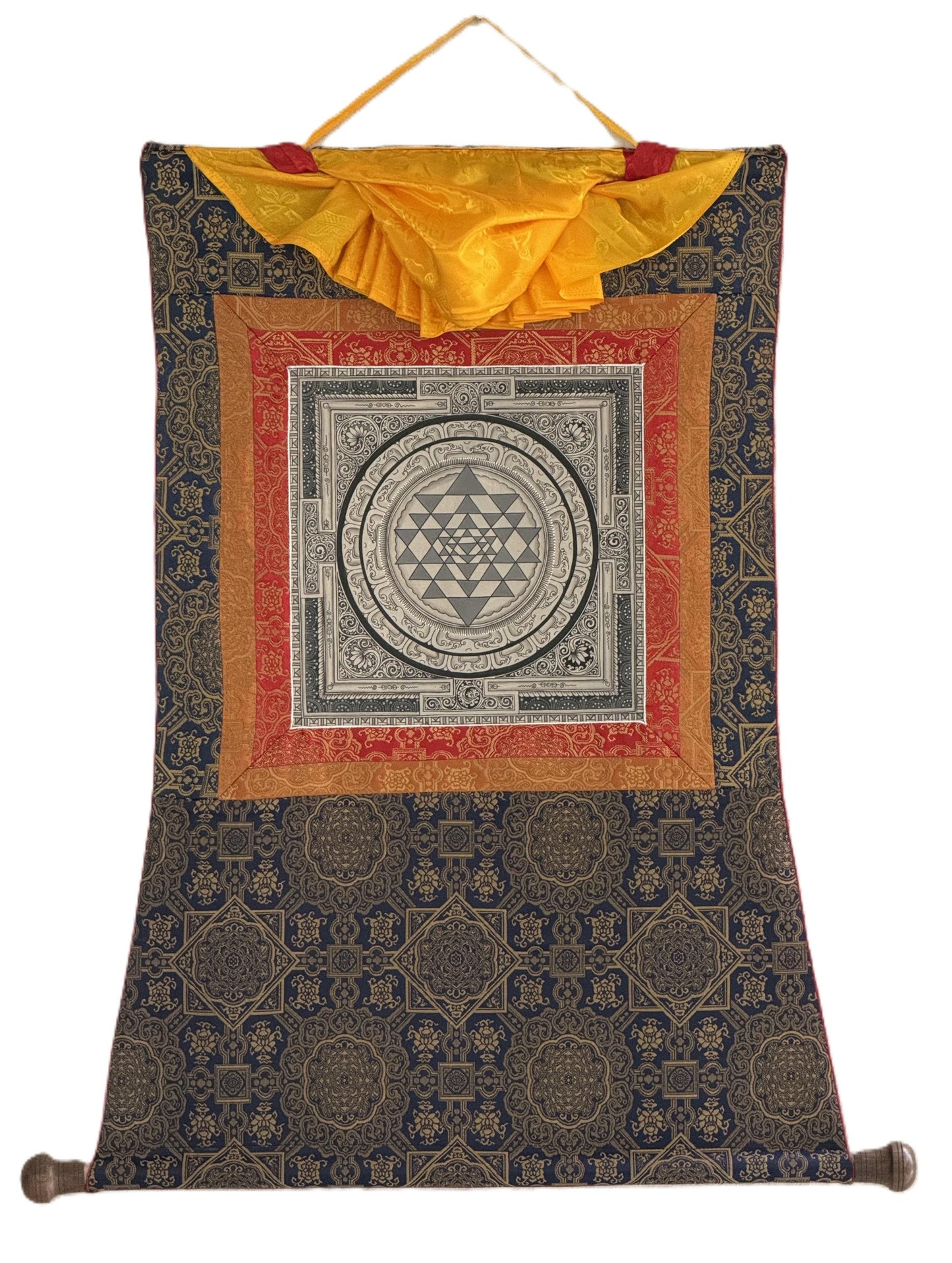 Shri Yantra Paubha Painting | Hand-Painted Sacred Geometry Art with Khadi Silk Brocade
