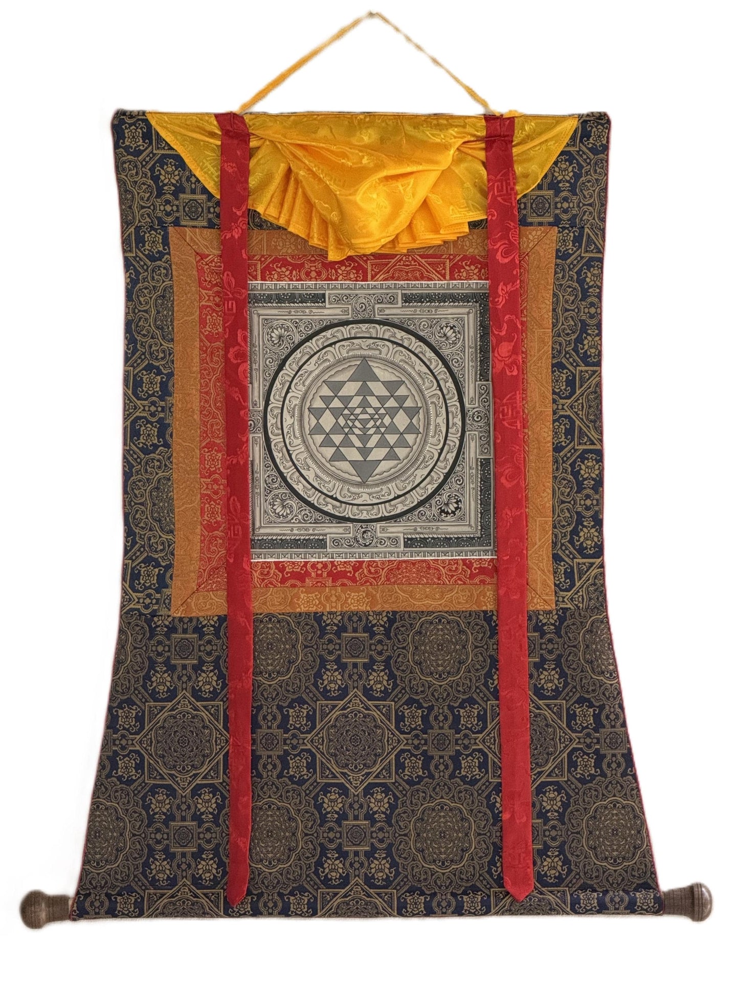 Shri Yantra Paubha Painting | Hand-Painted Sacred Geometry Art with Khadi Silk Brocade