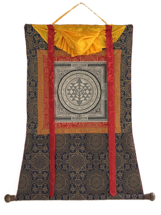 Shri Yantra Paubha Painting | Hand-Painted Sacred Geometry Art with Khadi Silk Brocade
