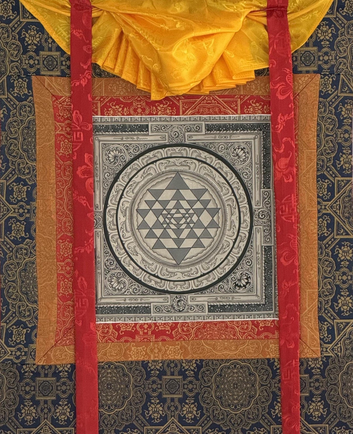 Shri Yantra Paubha Painting | Hand-Painted Sacred Geometry Art with Khadi Silk Brocade