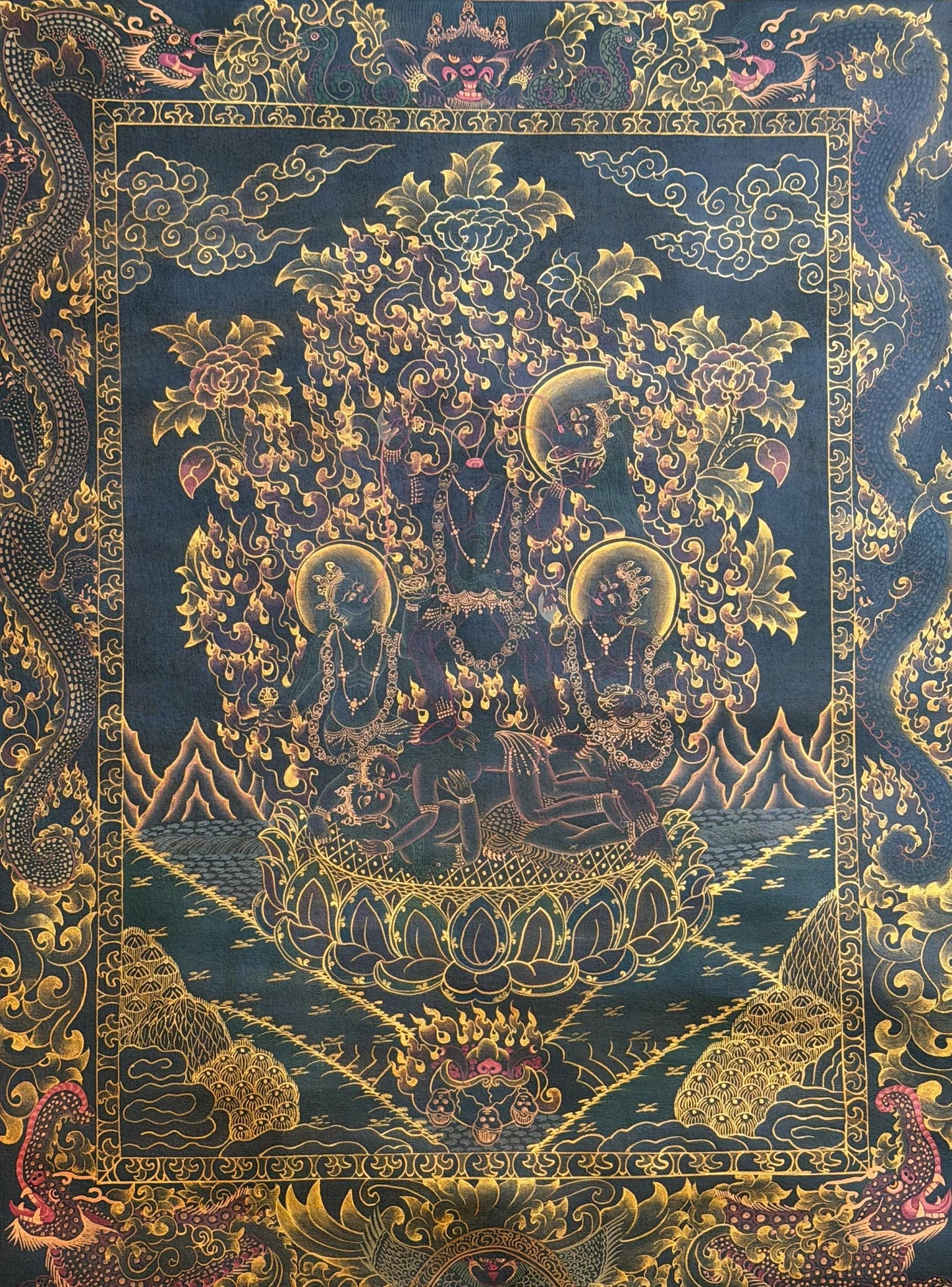 Citipati Black & Gold Thangka | Hand-Painted Tibetan Dancing Skeleton Art