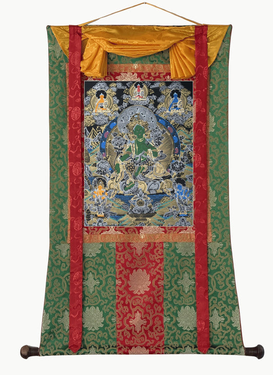 Hand-Painted Green Tara Thangka | Tibetan Compassion Goddess Art with Silk Brocade