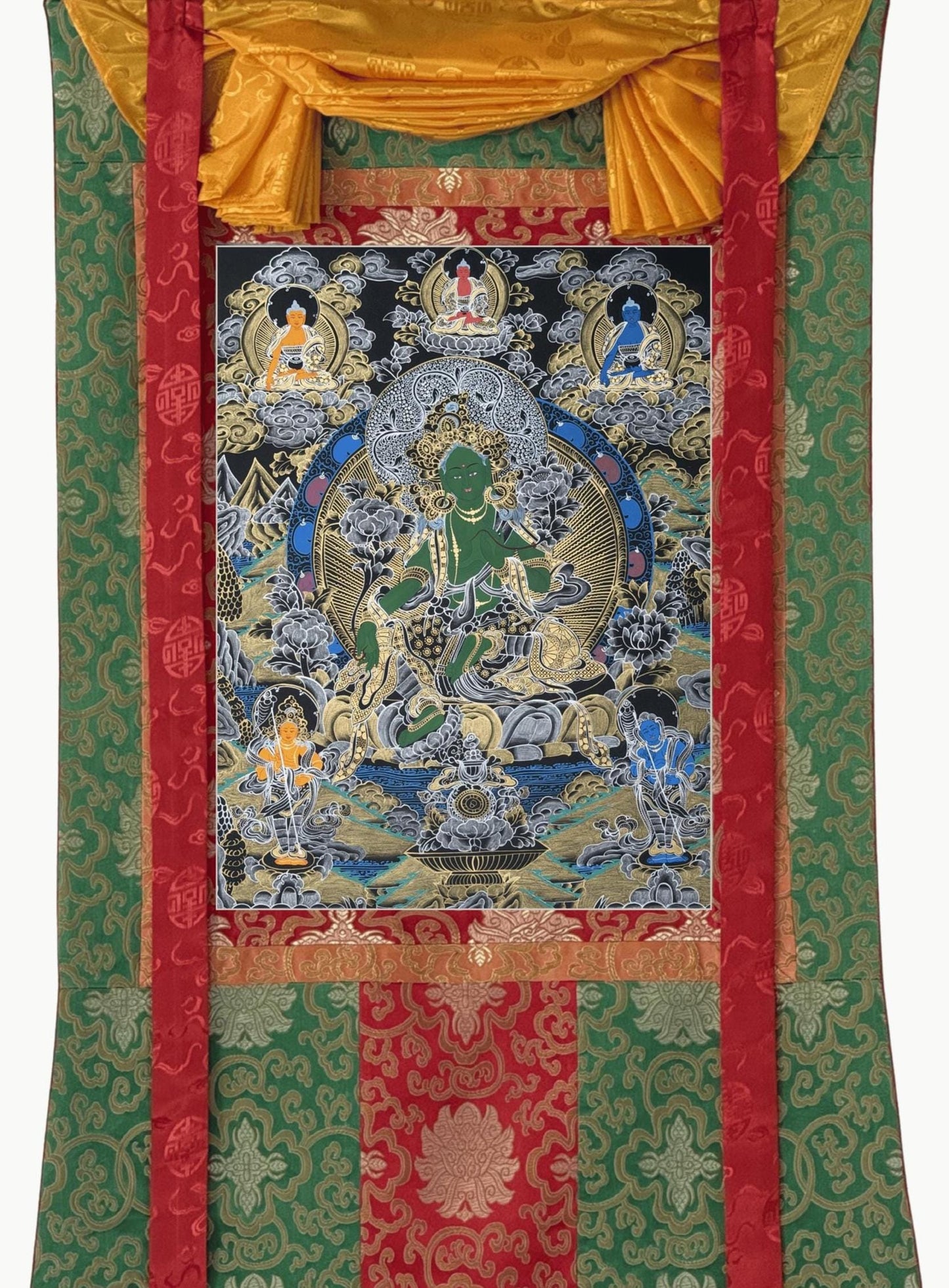 Hand-Painted Green Tara Thangka | Tibetan Compassion Goddess Art with Silk Brocade