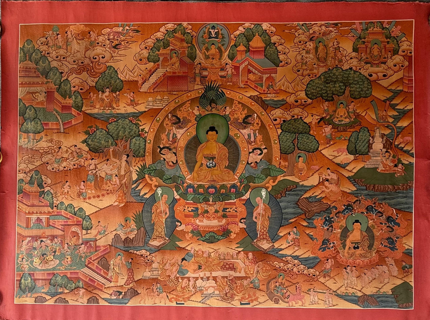Buddha Life Story Thangka | 24K Gold Old Smoky Tibetan Buddhist Masterpiece