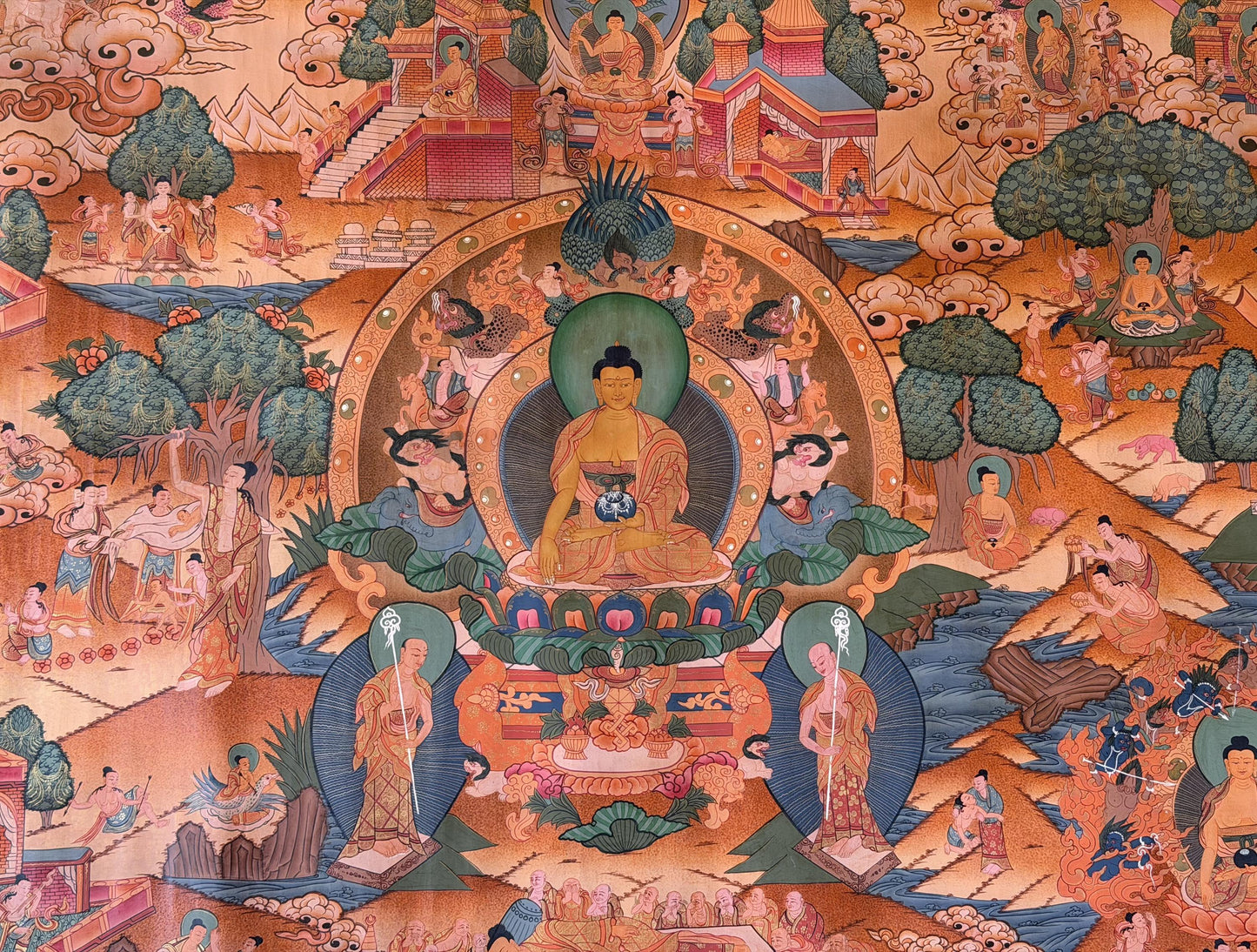 Buddha Life Story Thangka | 24K Gold Old Smoky Tibetan Buddhist Masterpiece